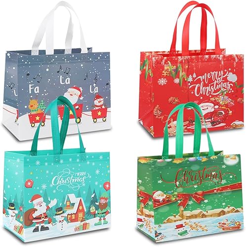 Miniatura 1 de 12 Pack Christmas Tote Bags with Handle, Large Christmas Gift Bag Reusable Non-Woven Grocery Shopping Totes, Merry Christmas Words Santa Treat Bags