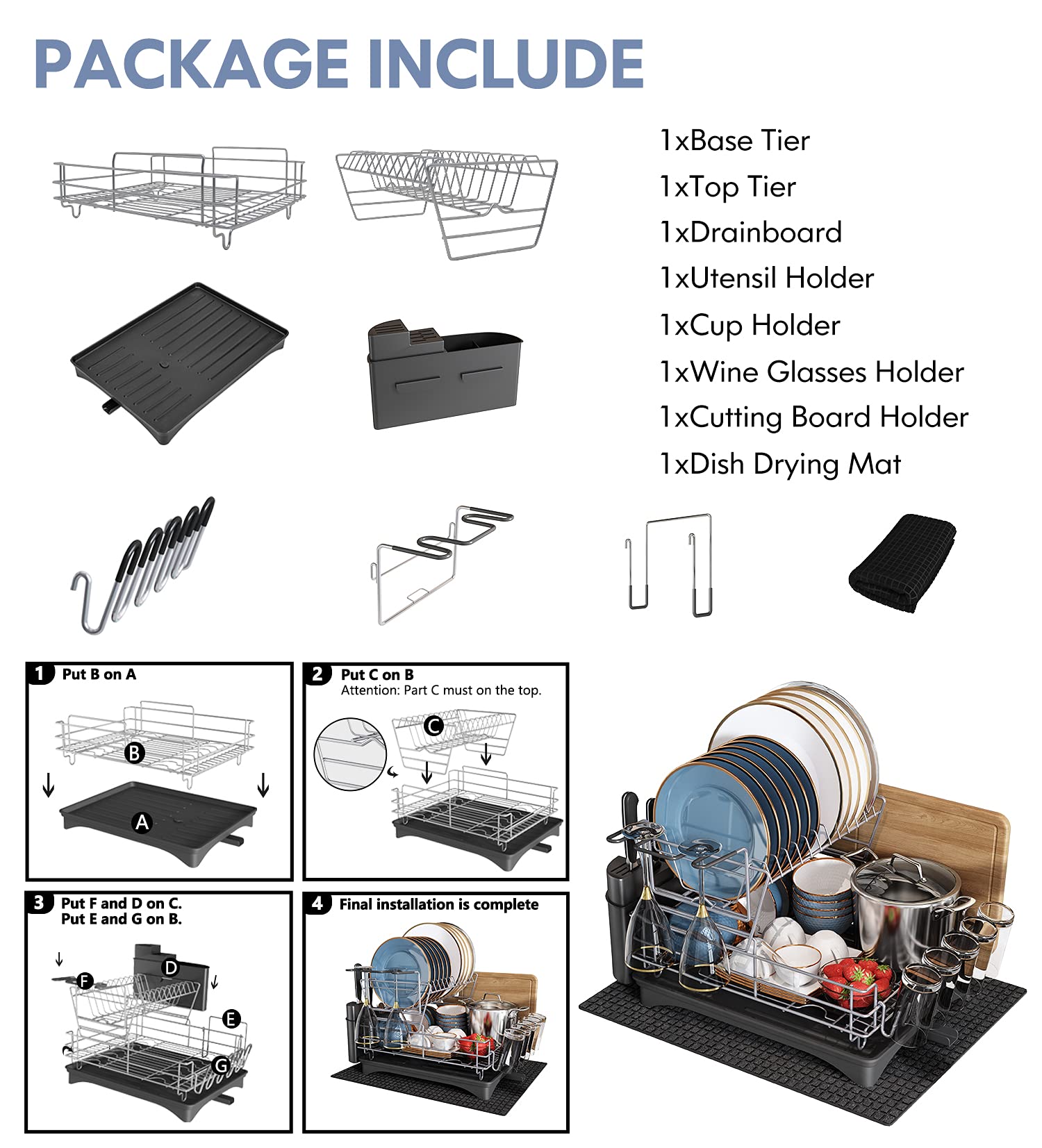 Dish Drying Rack and Drainboard Set, romision 2 Tier Large Dish Rack