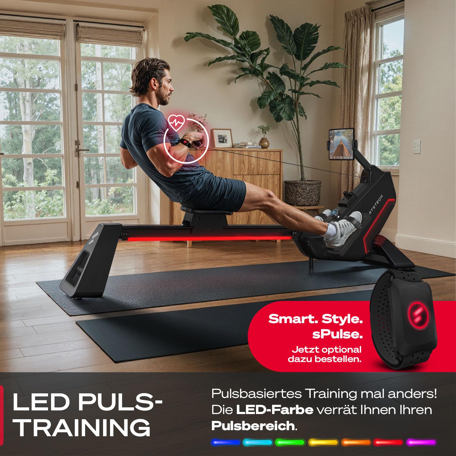 Sportstech sRow Lite Rudergerät für Zuhause klappbar, leises Magnetbremssystem, 24 Widerstandsstufen, LED-Knob-Display mit Feedback, Sportstech Live App, drehbarer Tablethalter, Rudermaschine