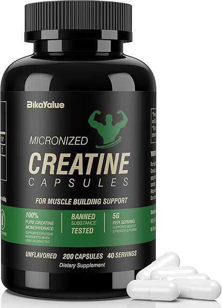 BIKAYALUE Micronized Creatine Monohydrate Capsules, Creatine Capsules Supplement for Muscle, Strength, Performance, Energy, Recovery, Gluten Free Creatine for Women and Men, 200Capsules (40 Servings)