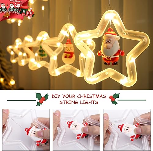 Miniatura 3 de BLOOMWIN Cortina de luces de Navidad para colgar en interiores, anillo de 10 estrellas con adornos de Navidad, control remoto USB, luces de ventana