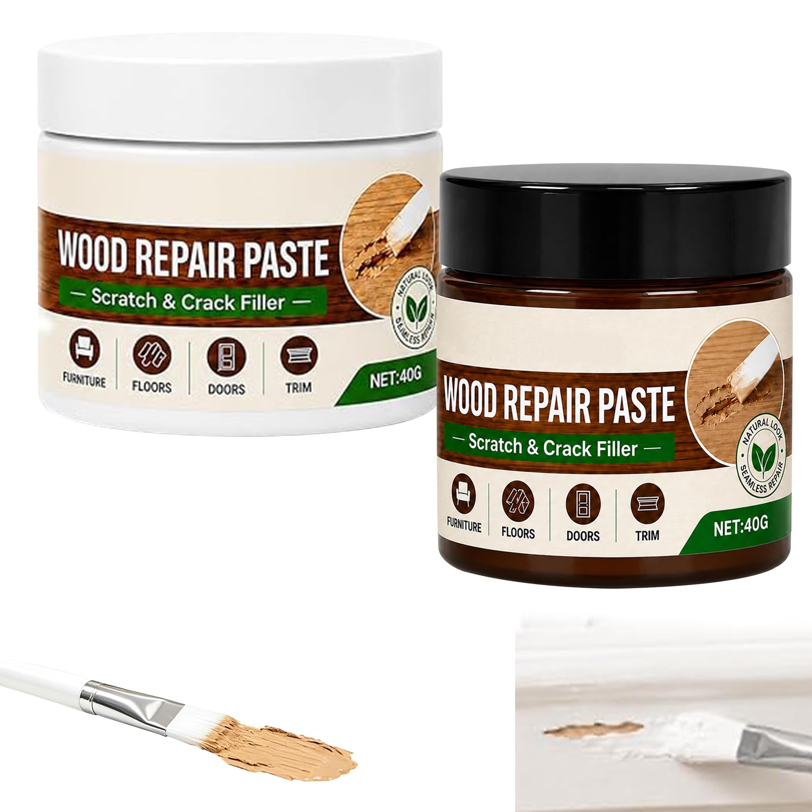 Wood Repair Paste with Brush, Easy Paint-on Furniture & Floor Scratch Filler for White Tables, Cabinets, Skirting Boards, Quick-Drying Wood Filler，White+Brown