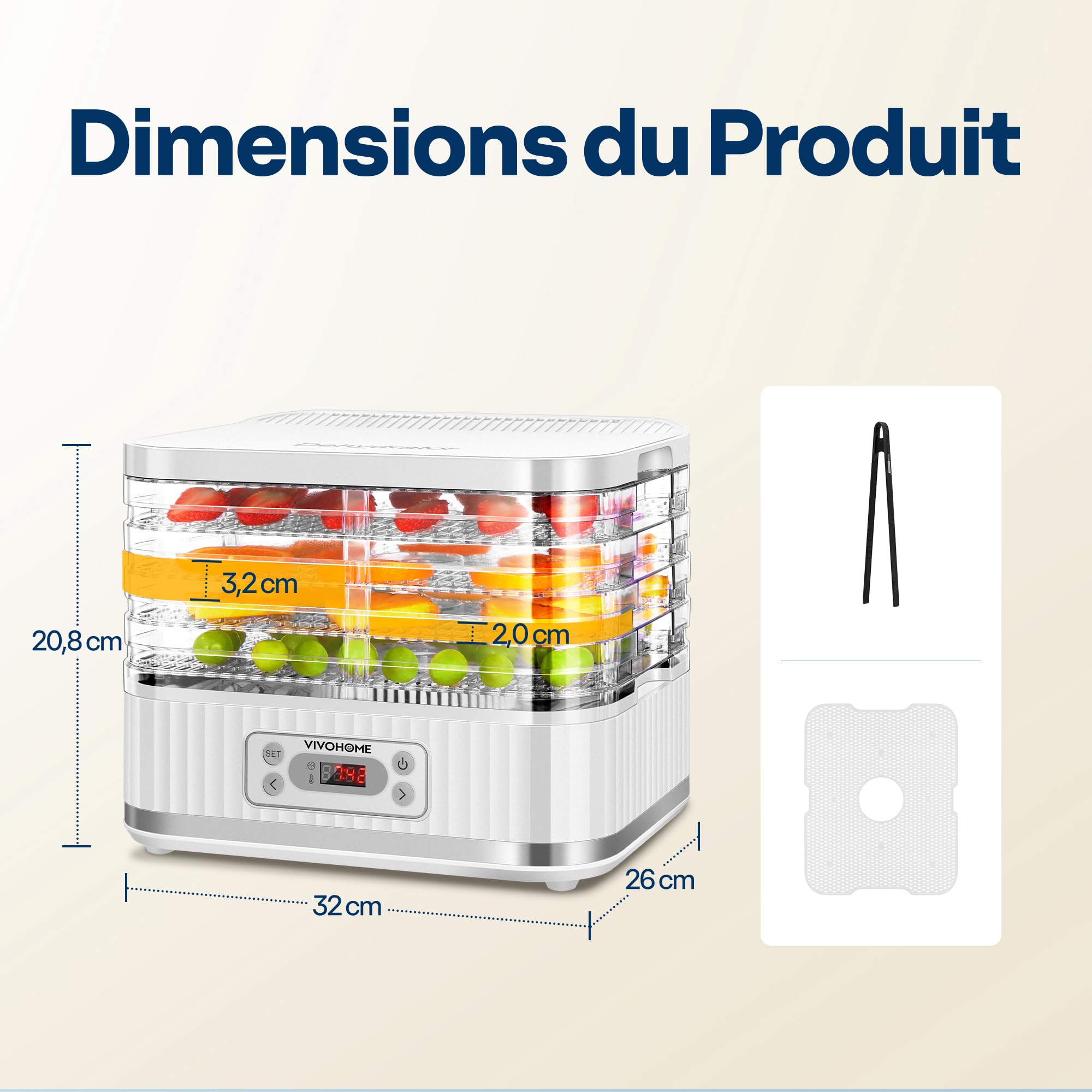 VIVOHOME Déshydrateur Alimentaire Séchoir 5 Plateaux 400W sans BPA, Température Réglable 35°C-70°C avec Minuterie 72h Lyophilisateur pour Fruits Séchés Viande Légumes Champignons Blanc