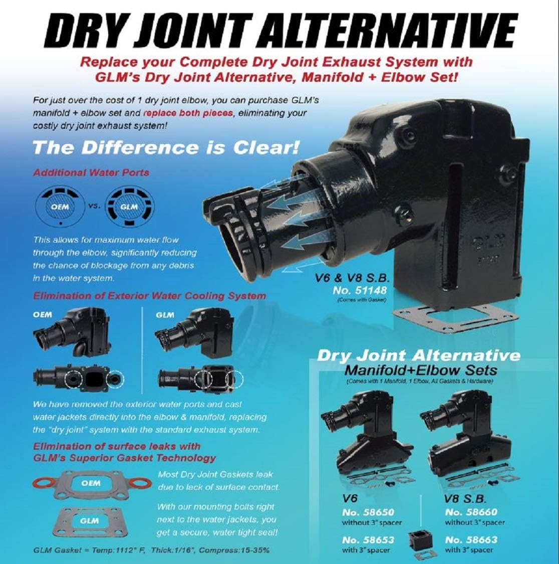 Dry Joint Alternative with 4" Elbow Exh. Manifold kit compatible with Mercruiser Chevy Marine 5.0 5.0L 5.7 5.7L 305 350 .(1) BANK ONLY.