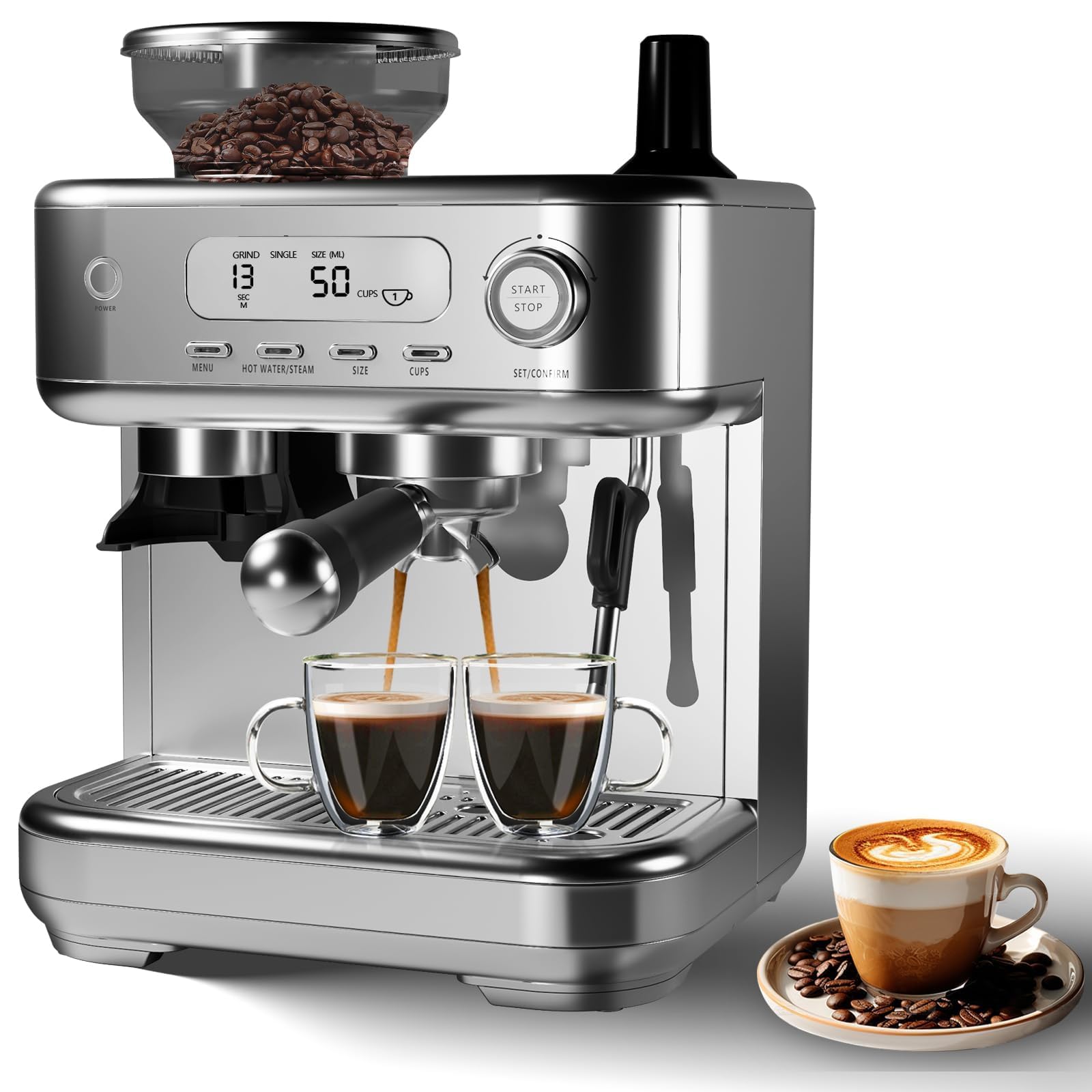 Semi-Automatic Espresso Machine with Grinder &amp; Milk Frother, 20 Bar Professional Pressure,95Oz Removable Large Water Tank, Coffee Maker for Cappuccino/Latte/Macchiato, Design for Home Barista