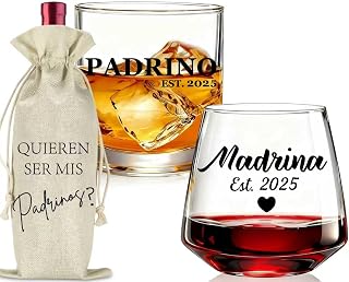 Physkoa Godparents Gifts-Set de Regalo para Padrinos – Copa de Vino para Madrina (13.8oz), Vaso de Whisky para Padrino y Bolsa Elegante – Regalo de Bautizo o Agradecimiento para Padrinos