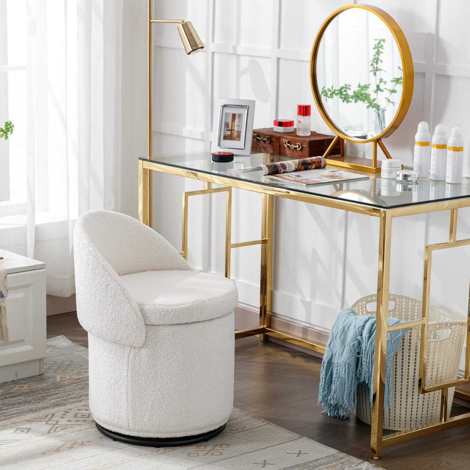 Modern Swivel Ottoman Vanity Chair, Sherpa Upholstered Barrel Chair Club Chair 360°Degree Swivel Side Chair with Storage, Comfy Makeup Stool for Bedroom Living Room, White Sherpa-white