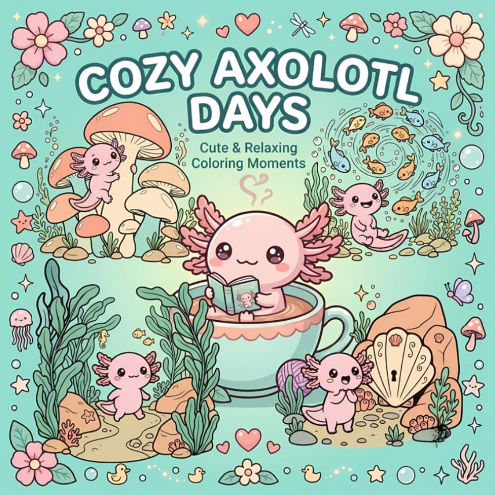 Cozy Axolotl Days Coloring Book: Cozy Axolotl Coloring Pages for Kids and Animal Lovers, Adorable Axolotls, Marine Life | Cute & Relaxing Coloring Moments, Includes 50 Cute Quotes