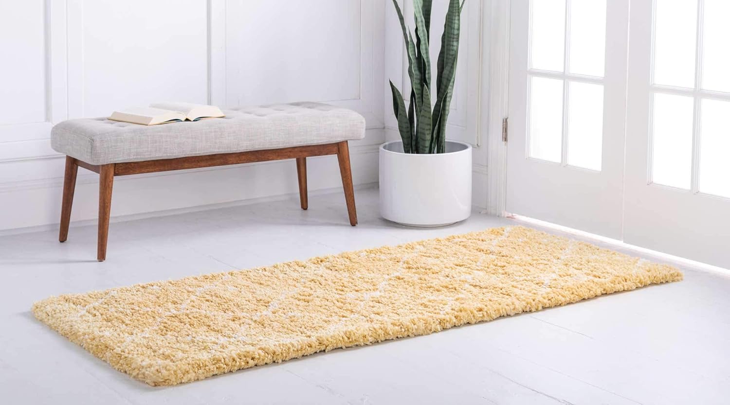 Unique Loom Rabat Shag Collection Modern Tribal Moroccan Inspired Plush & Soft Lattice Design Area Rug (2' 7 x 6' 0 Runner, Yellow/ Ivory)