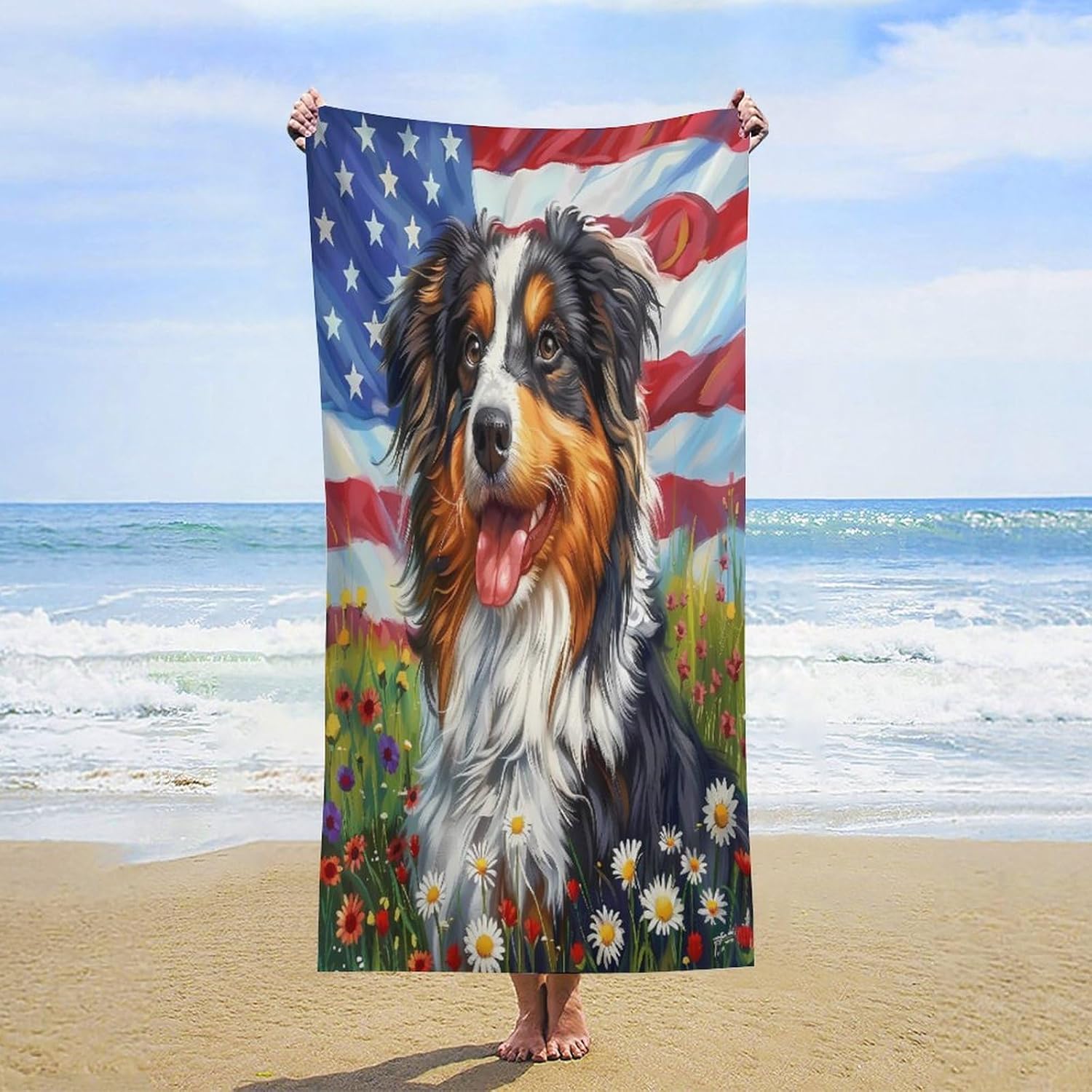 Australian Shepherd American US Flag Bath Towel Beach Towels Quick Dry Oversized Bath Blanket Highly Absorbent Towel for Women Men 160x80cm