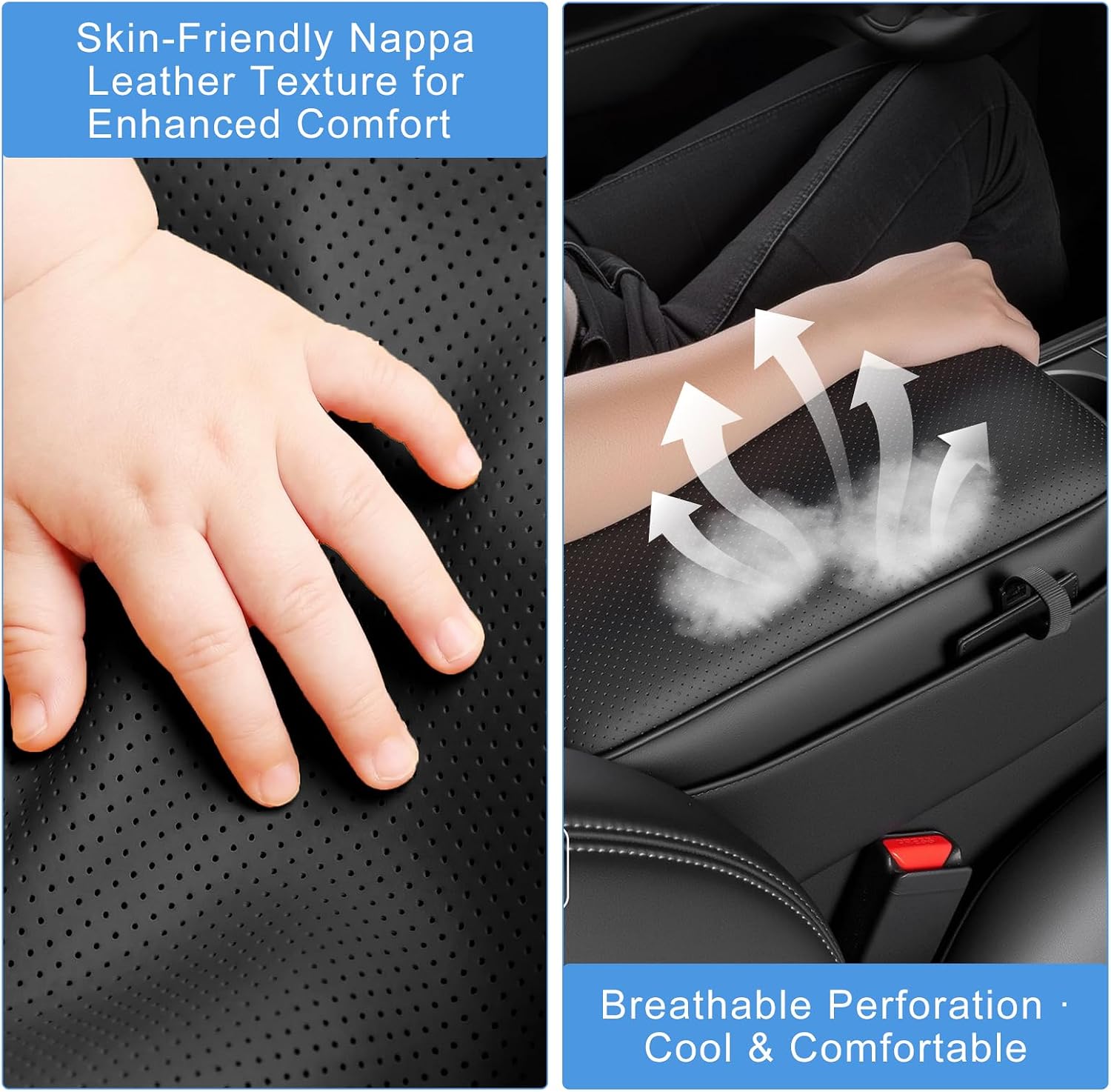 3PCS Nappa Leather Center Console Armrest Cover for Tesla Model Y Juniper 2025-2026 Model 3 Highland 2024-2026 (All Trims) Accessories, Center Console Lid Cover with Side Storage Pocket (Black)