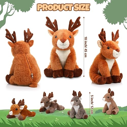 Miniatura 8 de Poen Juego de animales de peluche de 16 pulgadas con 4 lindos peluches de ciervos pequeños en su barriga con cremallera para niños, cumpleaños, día