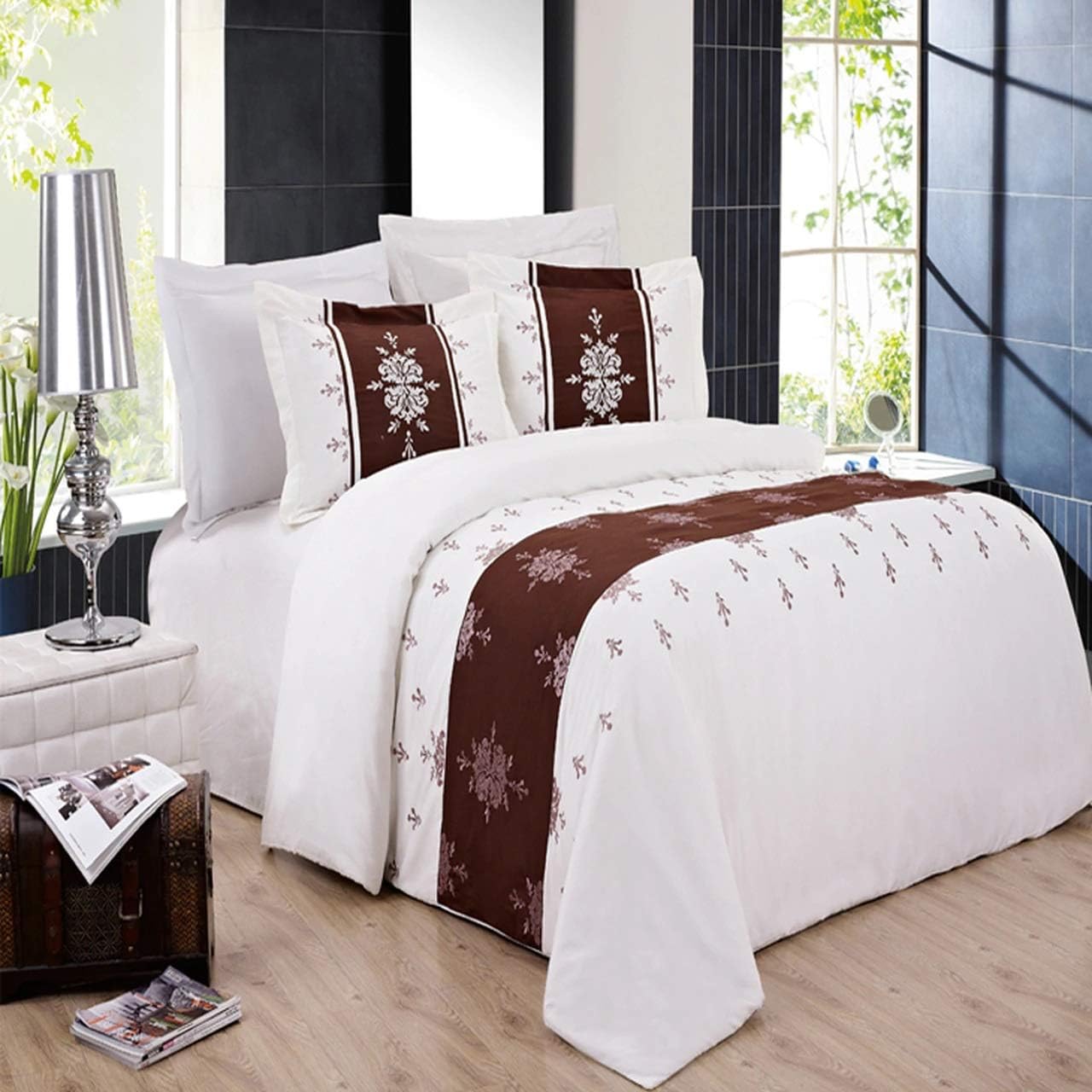 sheetsnthings Embroidered Eleanor Microfiber 8PC King Size Bed-in-a-Bag Includes Duvet Cover with Shams (Ivory, Chocolate and Lavender) and White Down Alternative Comforter Along with Bed Sheets