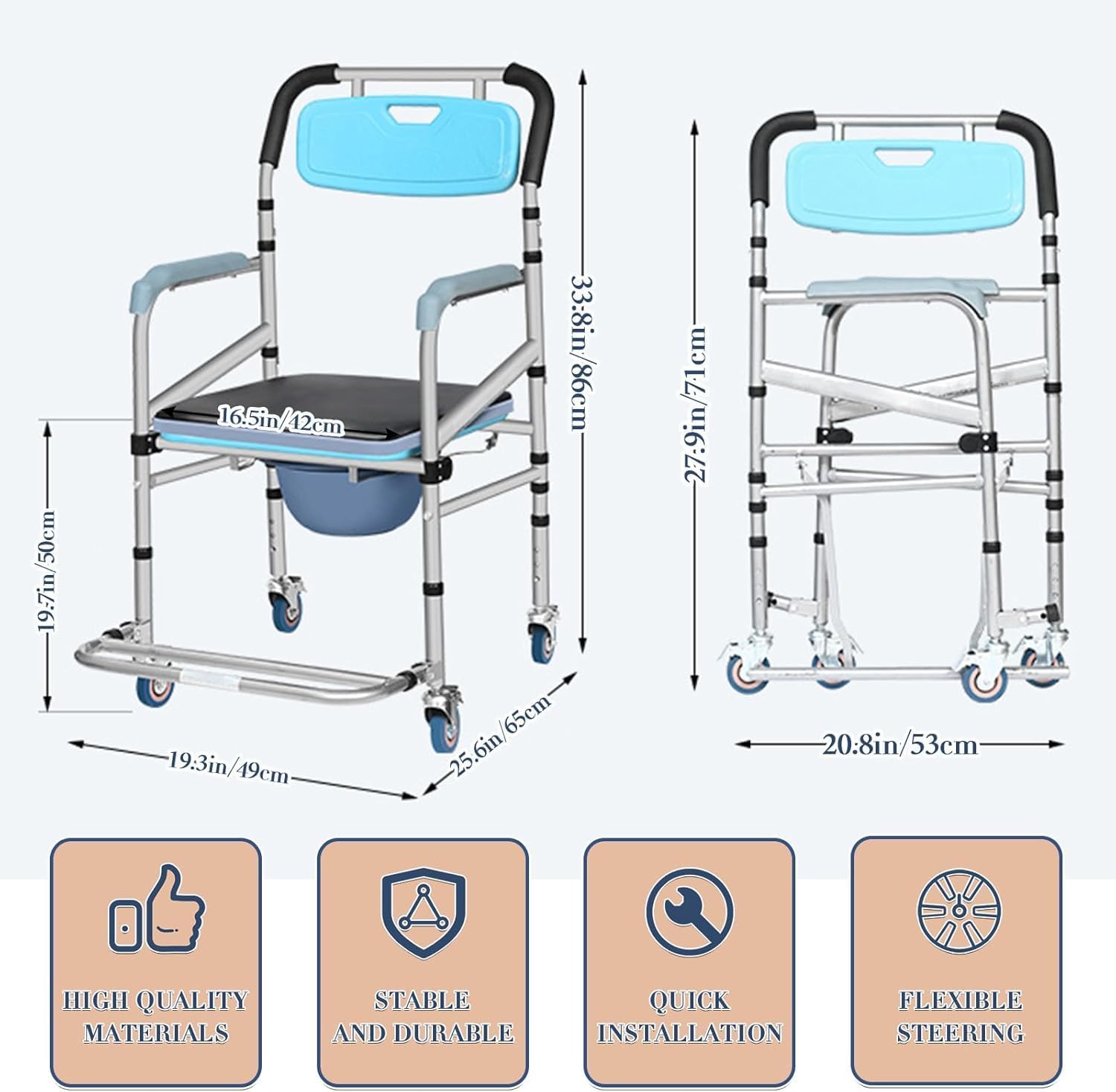 Shower Chair with Wheels 330 lbs Weight Capacity Bedside Commode Chair Rolling Bath Chair for Handicap, Toilet Chair for Elderly and Disabled (White, 330LB) (White)