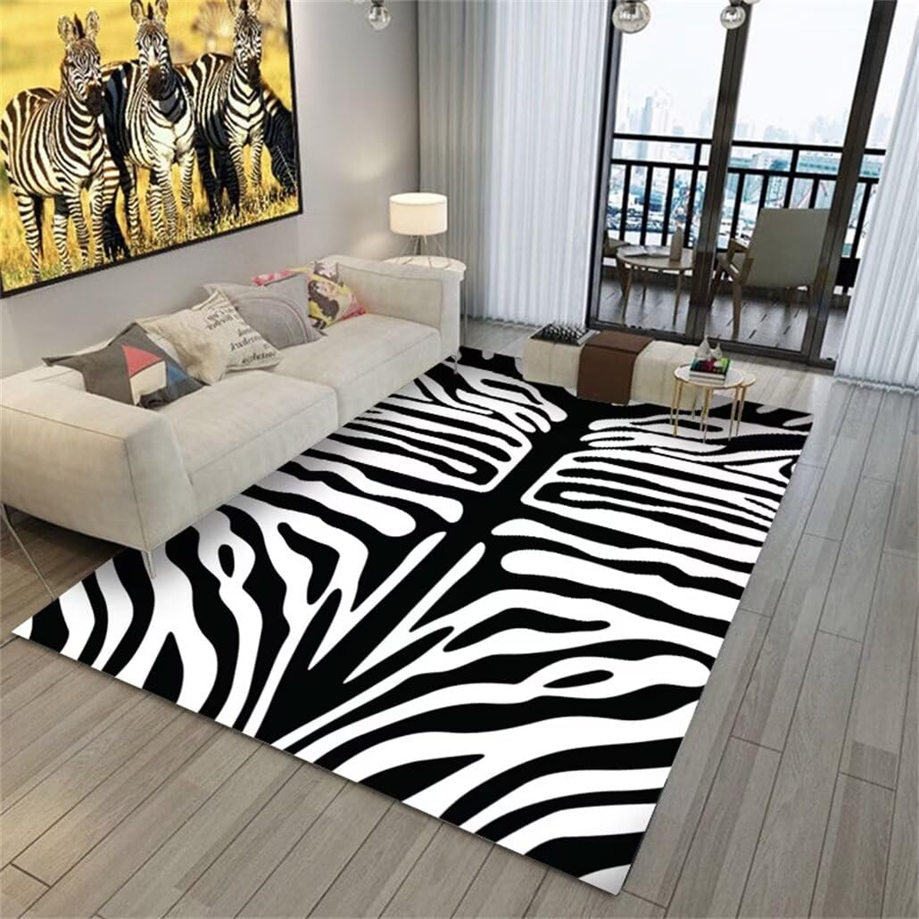 Tapis pour enfant et salon design noir et blanc zébré 140x210cm idéal sous un canapé
