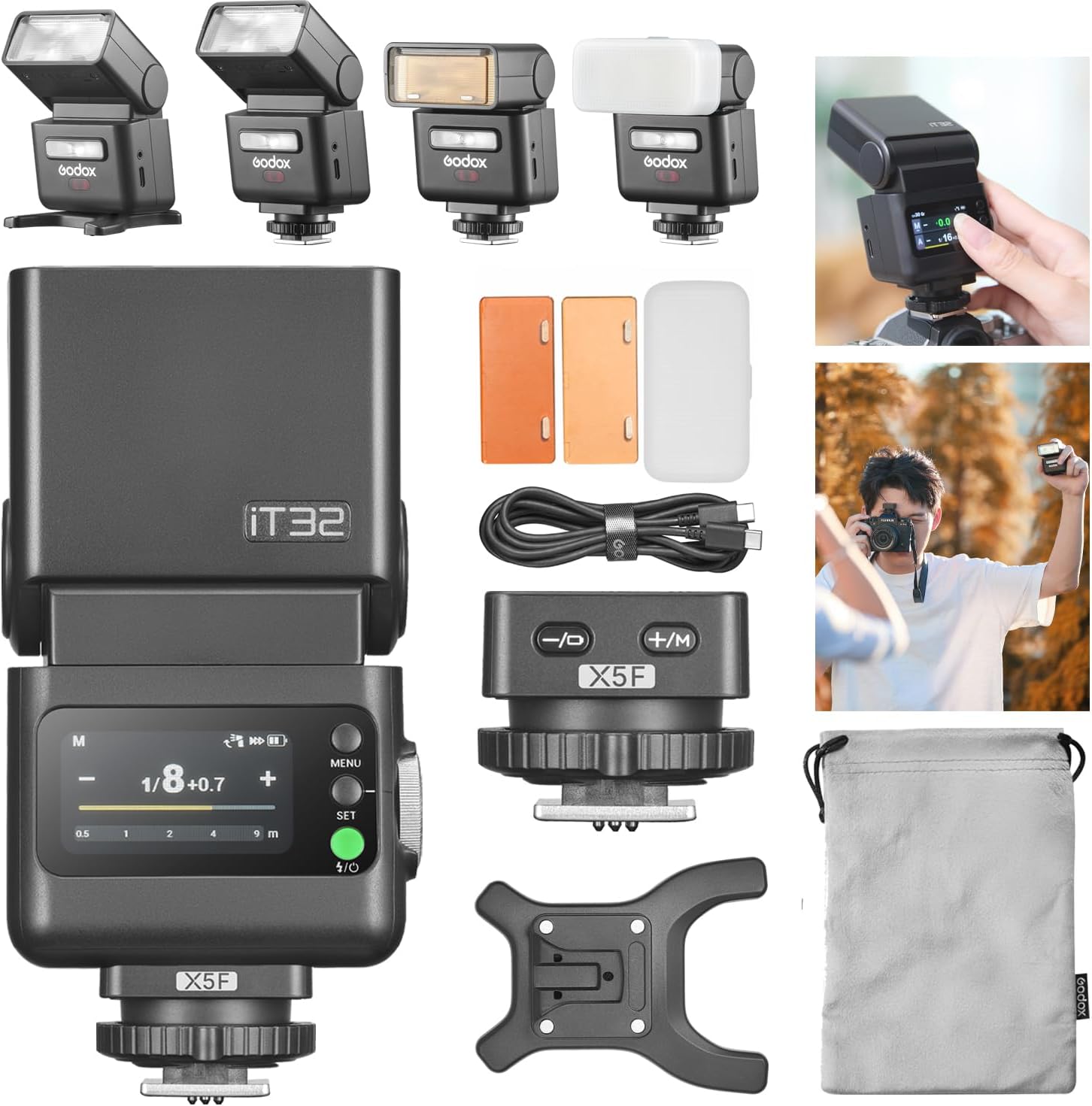 Godox iT32 Camera Flash with X5-F Magnetic Base Compatible with Fuji Cameras,Magnetic Hotshoe & Trigger 2-in-1, TTL&HSS 1/8000s, Colorful Touch Screen, LED Modeling Lamp, Built-in 2.4G Wireless