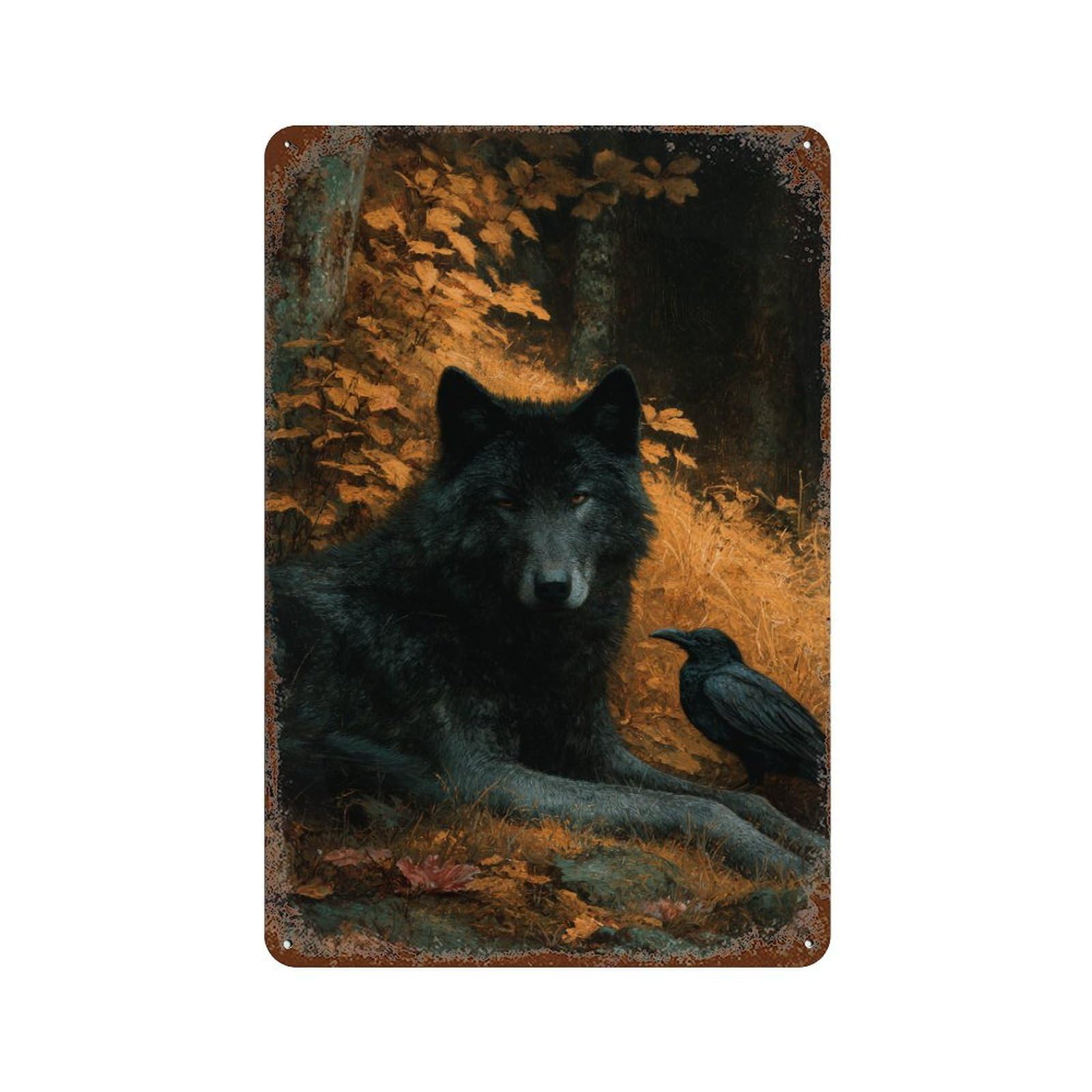 Wolf And Raven in Forest Vintage Metal Tin Sign 11.8"x7.9", Farmhouse Wall Decor for Garage, Bar And Workshop Decor