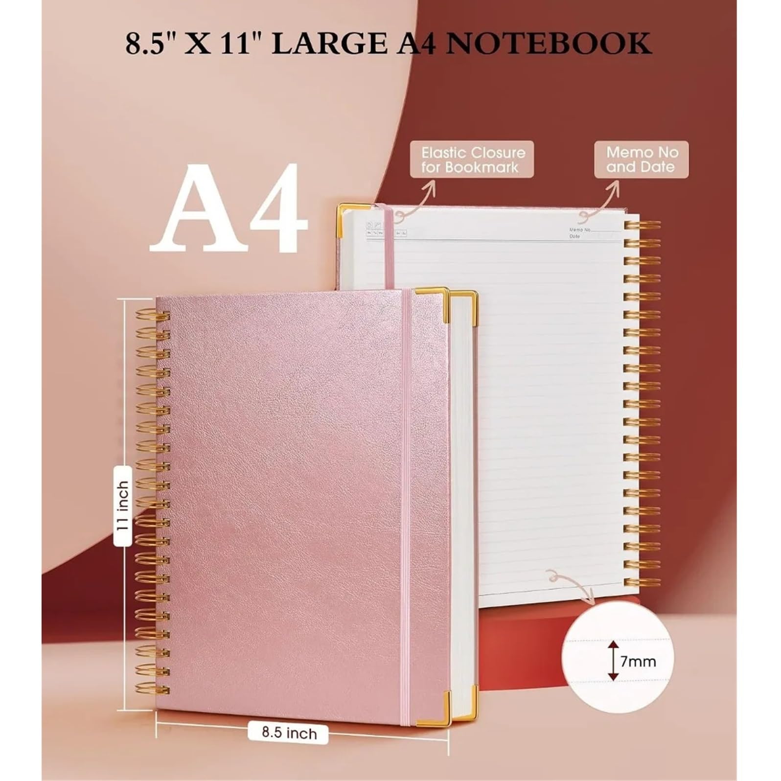 Hardcover-Spiralnotizbuch, 21,6 x 27,9 cm | 300 Seiten dickes Papier, rosa