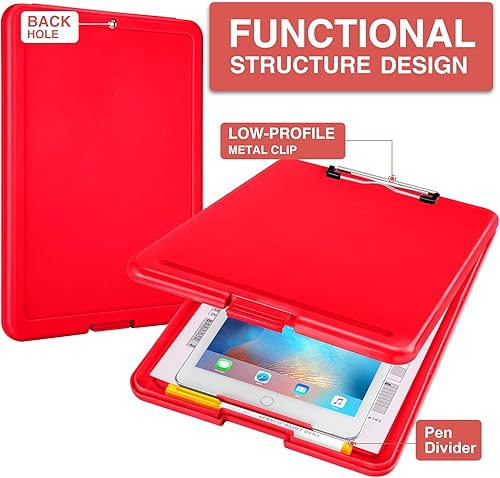 Vista 10 de Sooez - Portapapeles con almacenamiento, de plástico con clip de perfil bajo, resistente, plegable, cubierta impermeable para portapapeles