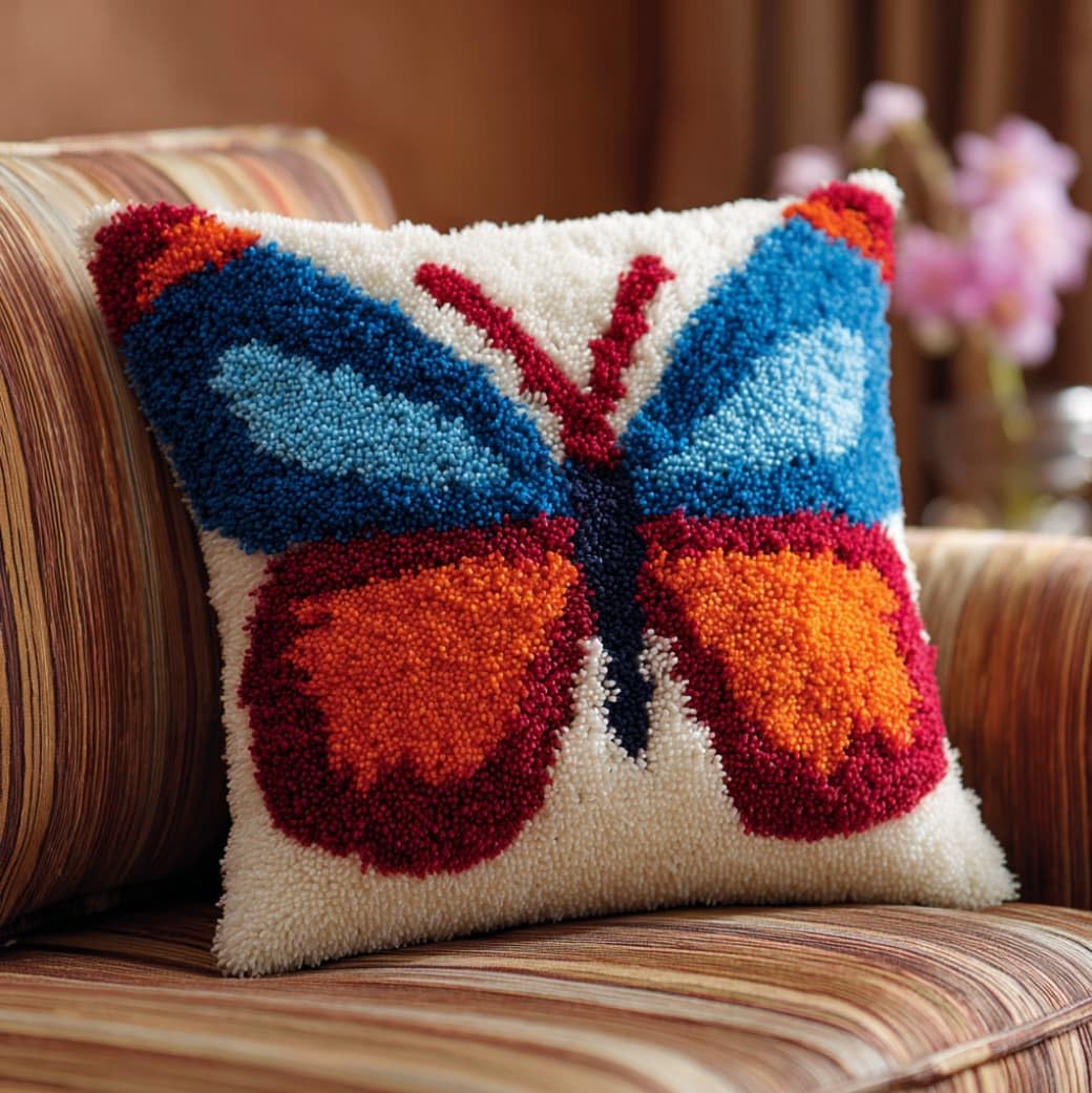 AxiangziK Latch Hook Pillow Making Kit 43x43cm,Colorful Butterflies