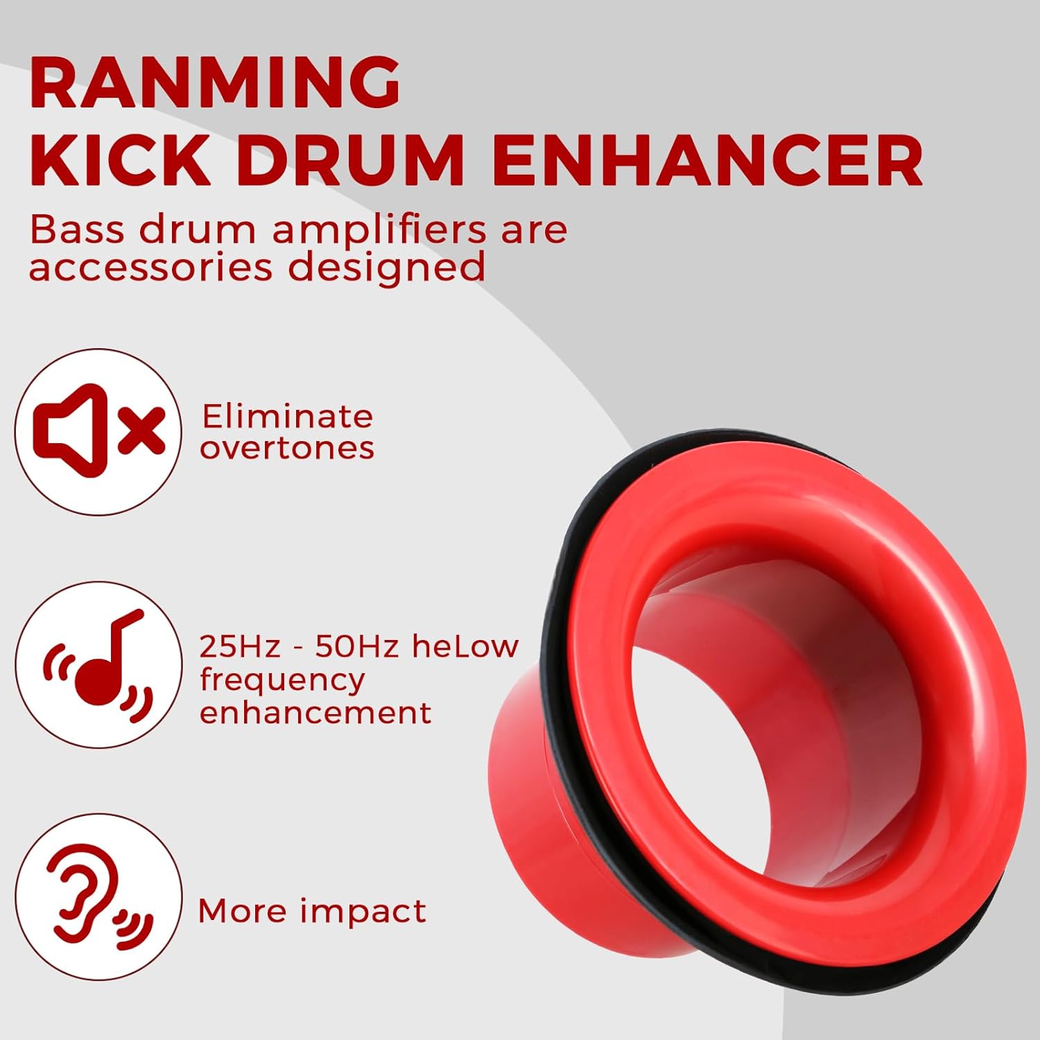 RANMING Bass Drum Enhancer Kick Drum Enhancer ABS Rubber Bass Drums Effect Amplifier Bass Hole Protection Speaker Expands LowEnd Frequency Enhancers Portable Drums Percussion Accessories Red