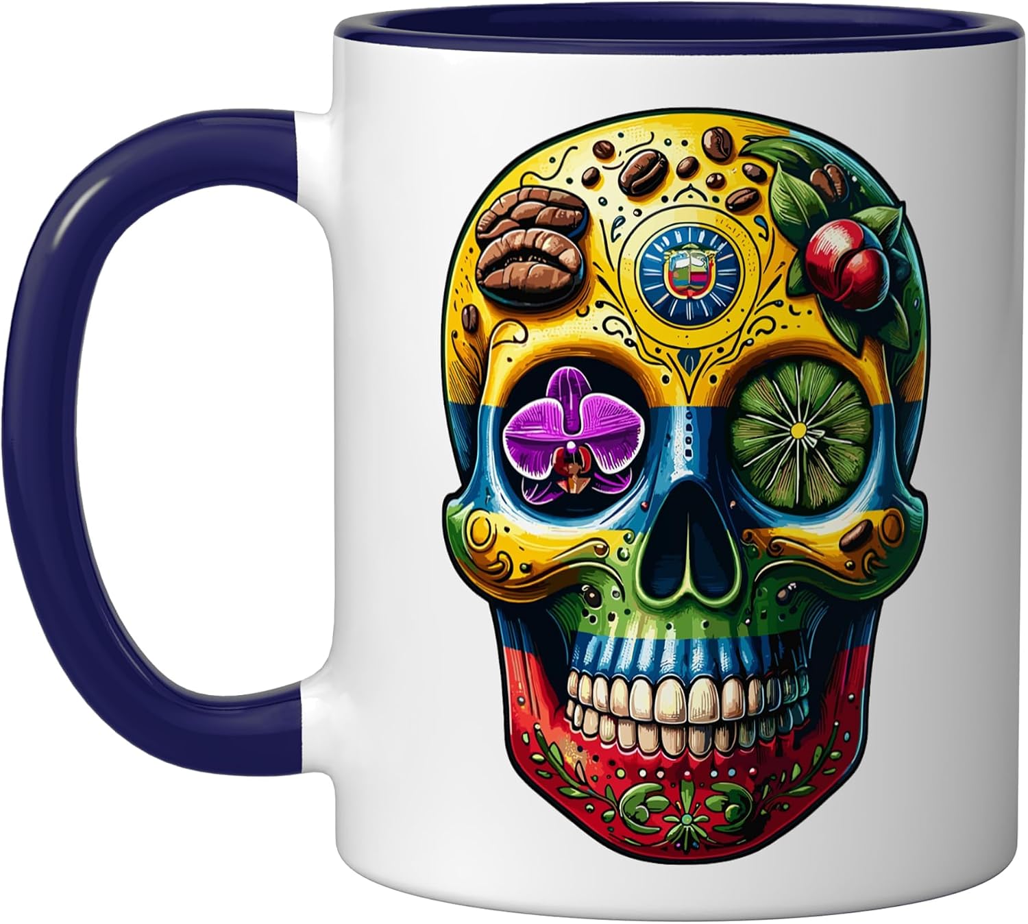 Sugar Skull Colombia Day of the Dead USA Mexico Lovers Ceramic Mug, Dark Blue/White, 11oz