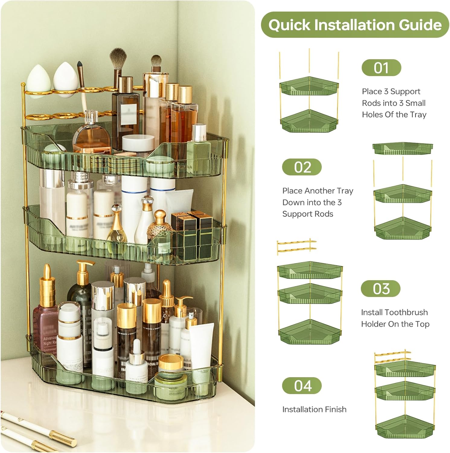 Corner Bathroom Counter Organizer with Makeup Brush Holder & Toothbrush Holders, Makeup Organizer for Vanity Countertop, Acrylic Skincare Storage Shelf (Green, 3-Tier)
