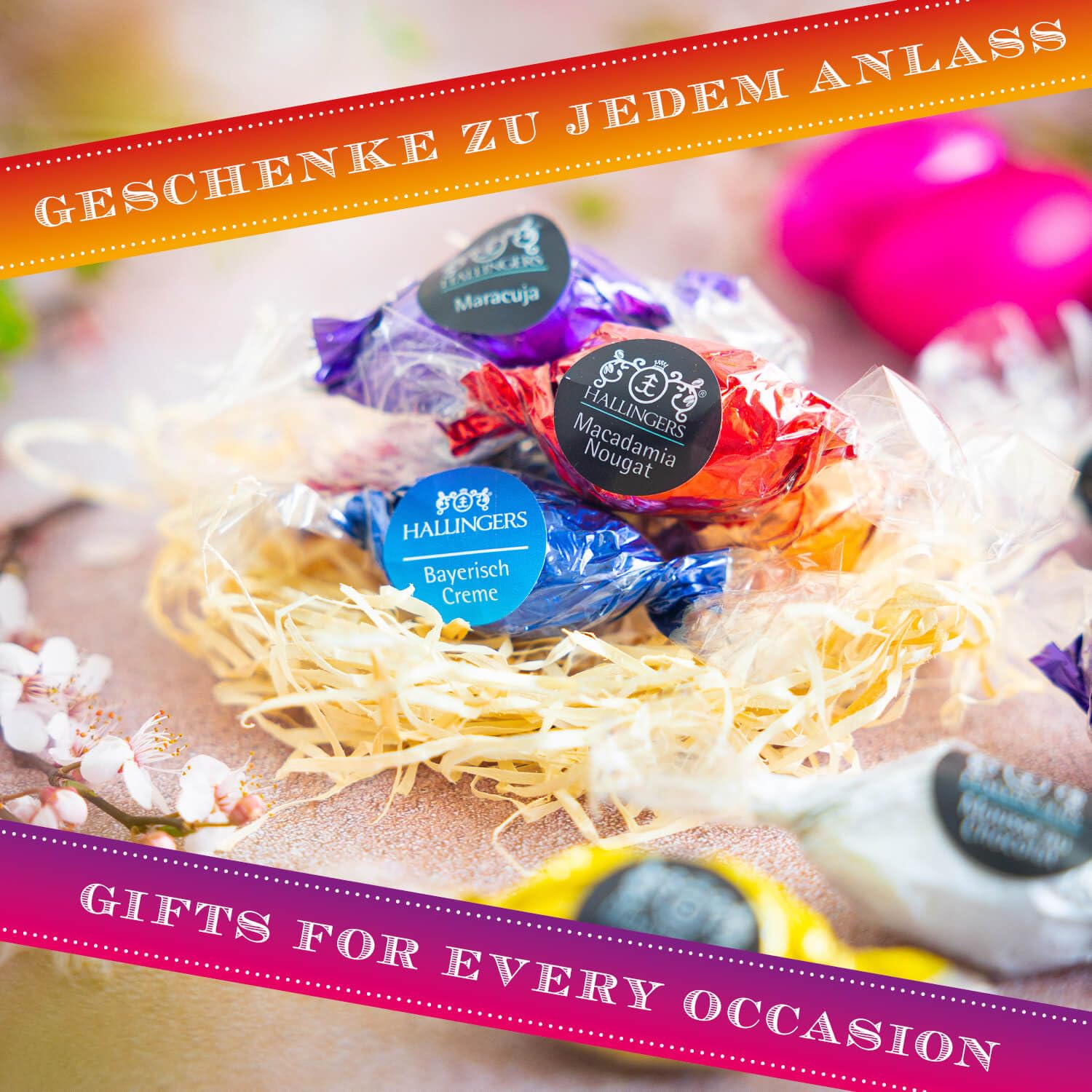 Hallingers Genuss Manufaktur Feinkost Oster-Geschenk-Set - XXL-Geschenkkorb "Frohe Ostern black" großes Osternest mit 17 Pralinen-Ostereiern & Erdbeer-Konfitüre, Ostern Körbchen für Frauen Männer