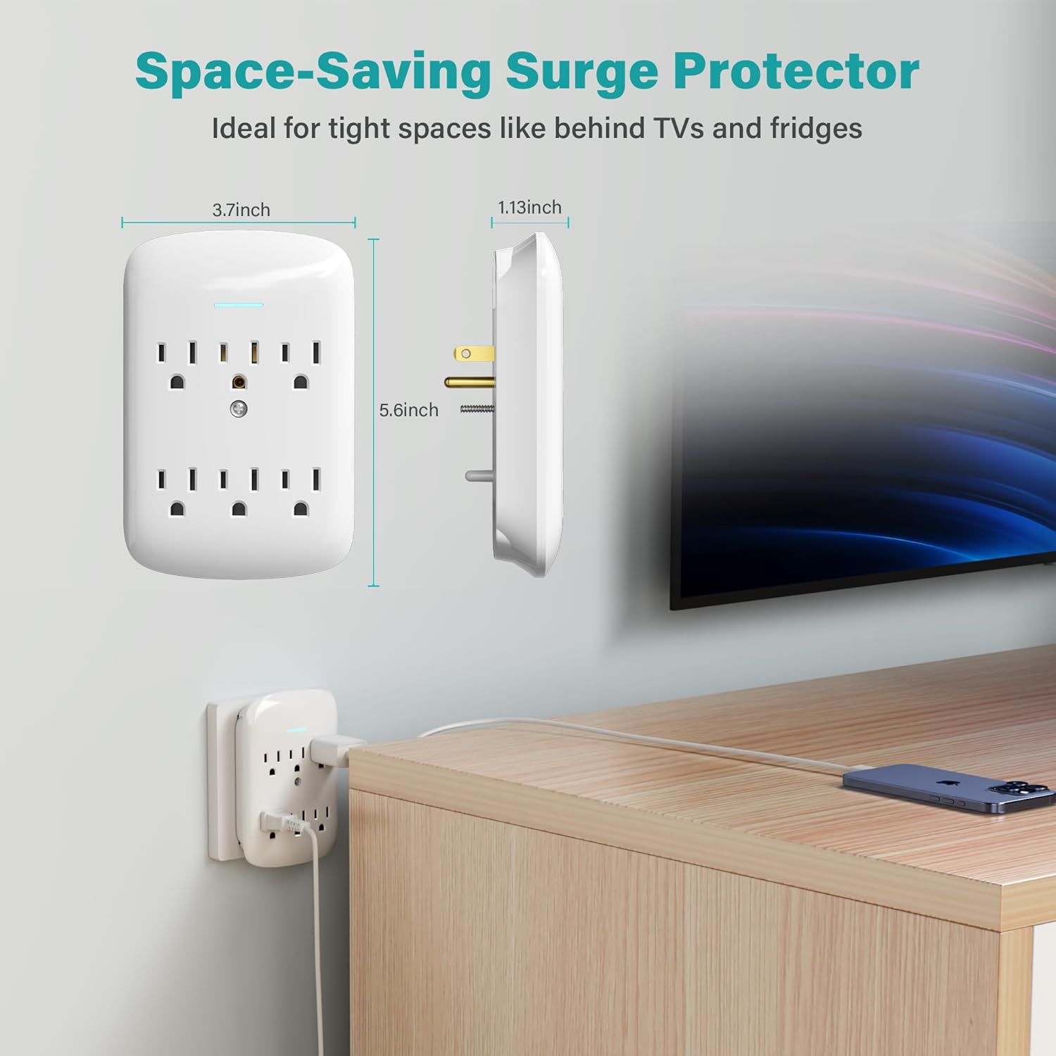 Surge Protector Wall Mount 6-Outlet Extender 4 Pack, 3 Prong Grounded Multi Plugs Power Strip Adapter Tap with Indicator Light, 15A/125V Low-Profile for Home & Office & Travel -ETL-White