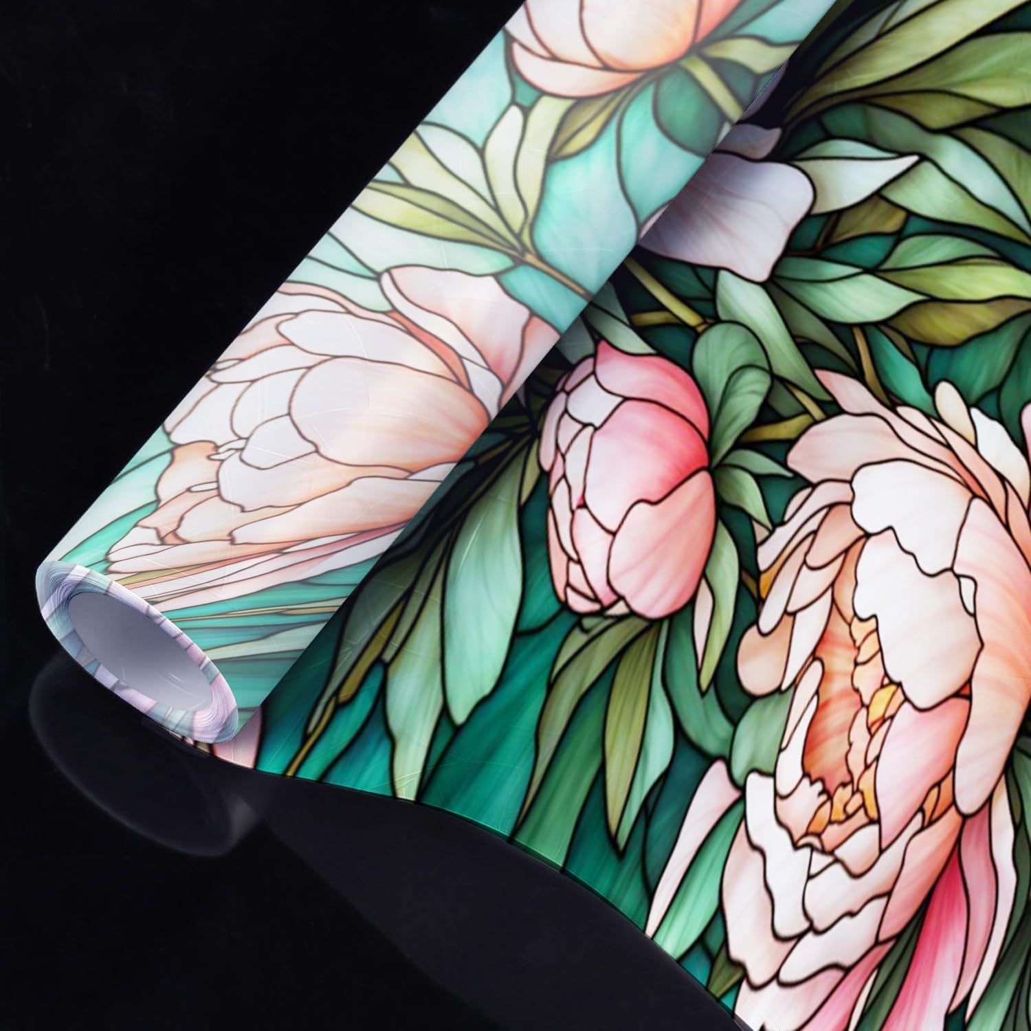 Decorative Peony Stained Glass Window Film, Peony Stained Glass Window Film for Bathroom Shower Door Heat Anti UV