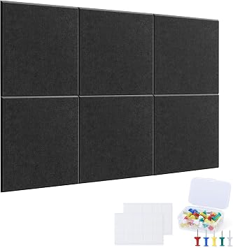 Large Felt Cork Board for Wall 36"x24" 6 Pack 11.8"x11.8" Black Bulletin Board Tiles with 60 Safe Removable Adhesive Tabs and 60 Push Pins, Corkboard Alternative for Wall Office Home