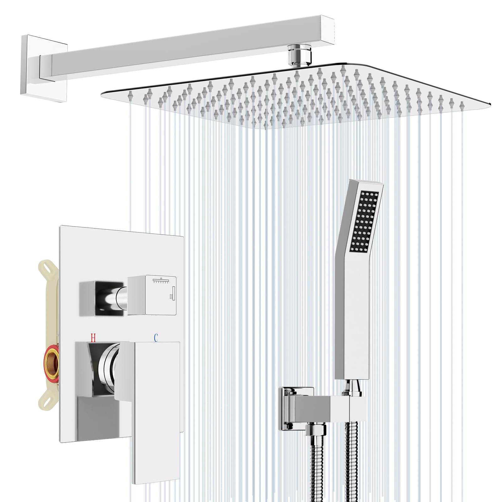 Rainsworth Set Doccia Incasso Cromo, Sistema Doccia Completo con Miscelatore, Kit Doccia con Soffione Doccia a Pioggia 30 * 30cm, Soffione Doccia, Miscelatore da incasso per doccia Corpo in ottone
