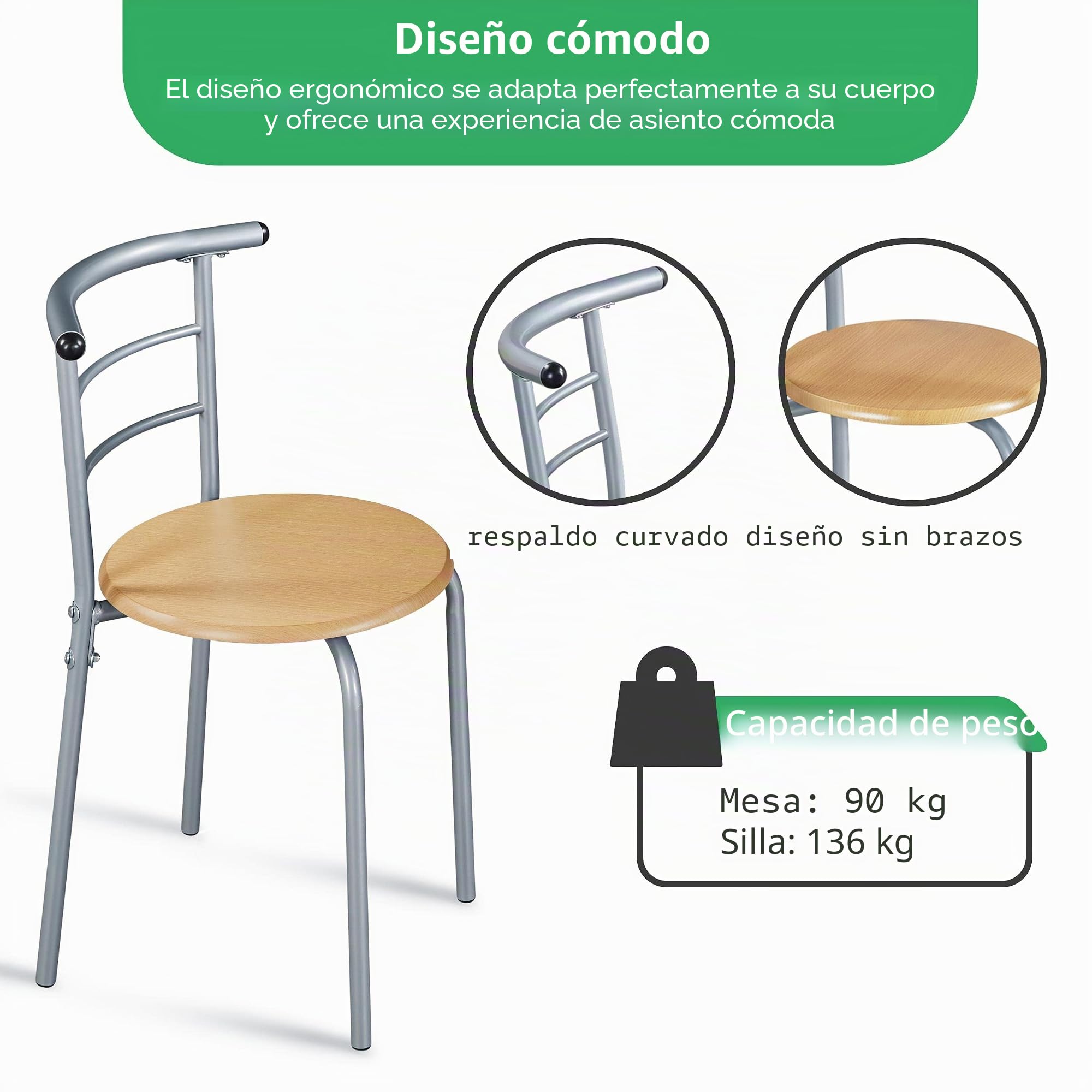 Yaheetech Grupo de Comedor de 3 Piezas, Mesa de Comedor con 2 sillas, Grupo de Asientos para Cocina, Mesa de Madera para balcón, salón, terraza y Bar, Ahorra Espacio, compacta (Color Madera Natural). | Mesa de cocina con estante, estructura de acero para