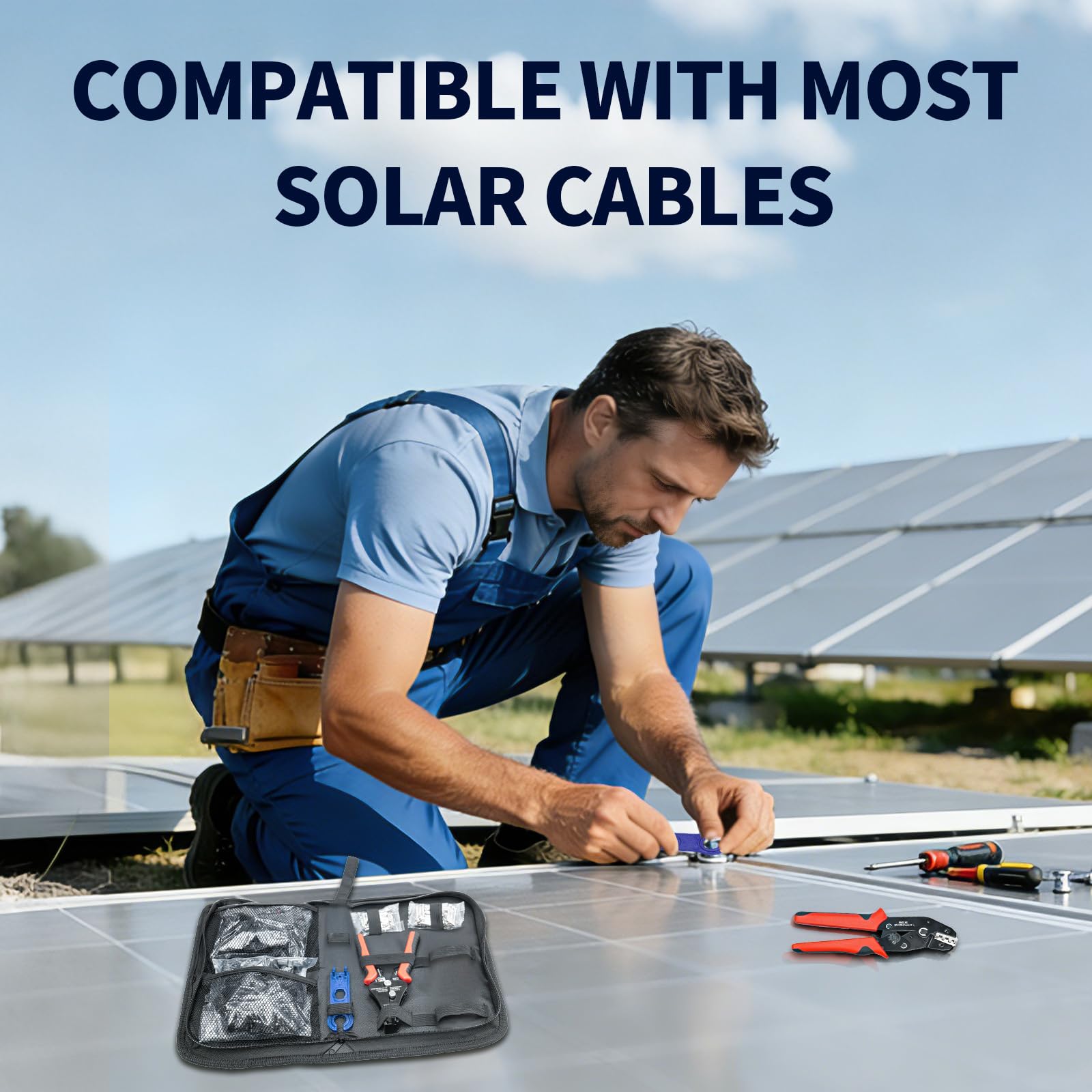 Kit de herramientas de crimpado de conectores solares de 60 piezas para conectar cables de panel solar, con 30 pares de conectores MC4, crimpadora y pelacables AWG13-10, 2 llaves inglesas, conectores