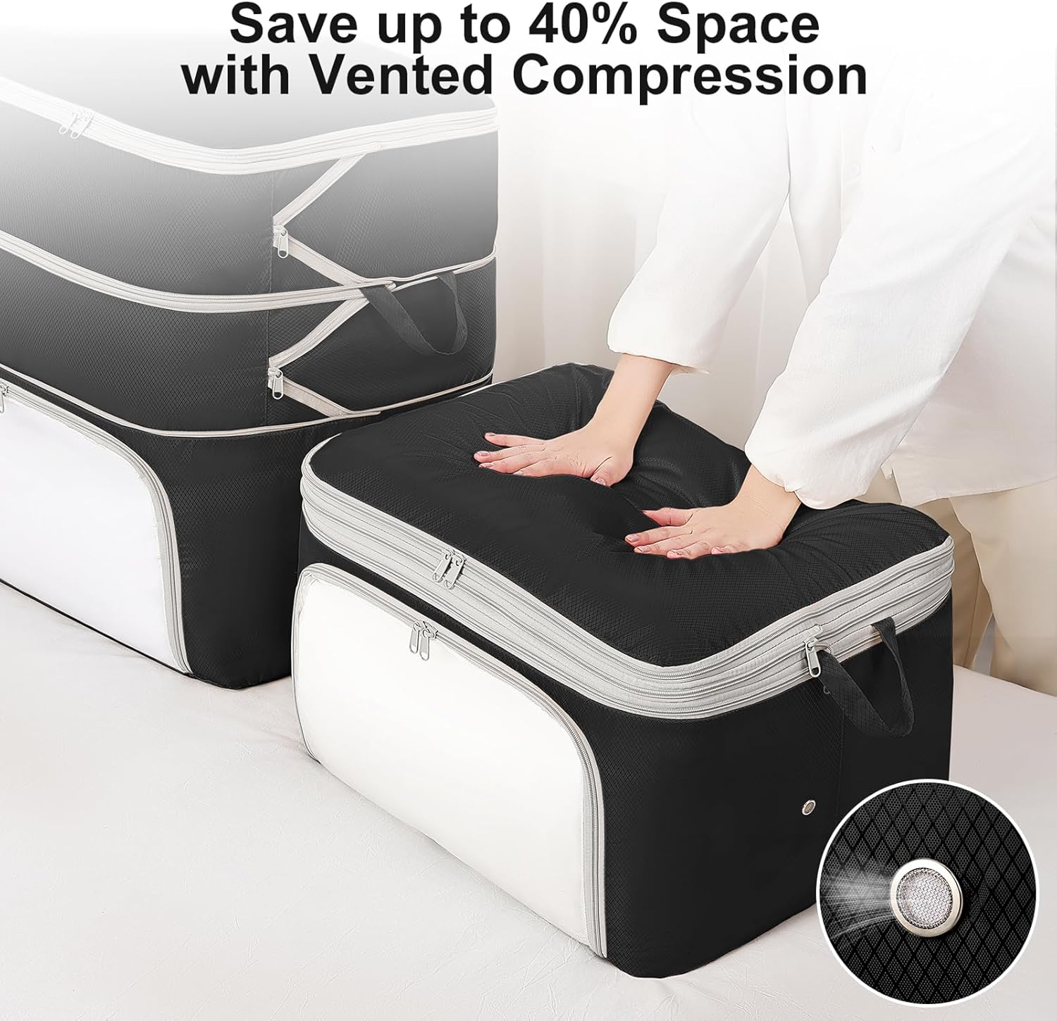 Comforter Storage Bag - 130L Blanket Storage Bags Front-opening Ultra Space Saving Self Compression Organizer, Washable Compression Bags for Storage Comforter Blanket, 1 Pack, Black