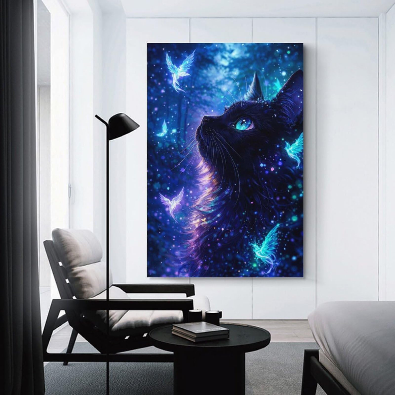 Junmoney Enchanted Black Cat with Magical Birds Canvas Wall Art, 12x18inch(30x45cm), for Bedroom Decor, Cosy Corners Or Studios, Stylish Decor for A Restful Room Update