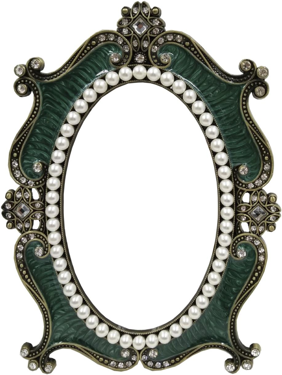 Nerien Makeup Mirror Rotation Tabletop Vanity Mirror Cosmetic Desktop Mirror with Stand Pearl Floral Frame Metal Vintage Oval Mirrors Desk Countertop Dressing for Home Bedroom Decorative Green-M