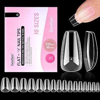 Beetles Gel Nail Tips Flat-X - Coffin Short, 320pcs 16 Sizes, Pre-Etched Half Matte Full Cover Soft Acrylic Press on False Nail Tips Easy DIY Nail Extension Salon Art for Flat & Natural Nail Beds