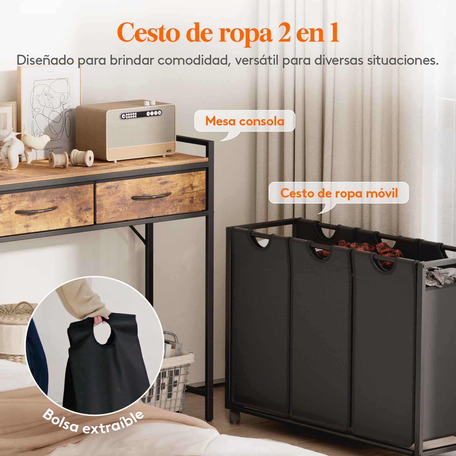 Lifewit Cesto Ropa Sucia con 3 Compartimentos, Grande Laundry Basket 135L con Estantes y 2 Cajones, Almacenamiento de Cesta con Ruedas y Bolsa Extraíble para Baño Lavandería, Marrón Rústico y Negro