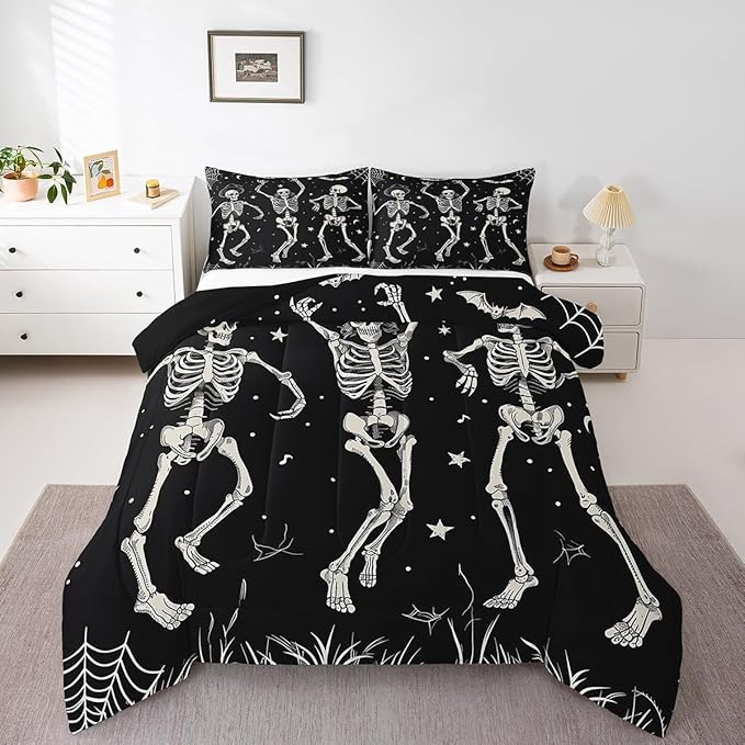 Erosebridal Sugar Skull Bedding Set Toddler, Skeleton Bones Comforter Set for Kids Boys Girls Teens Adult, Halloween Horror Bat Duvet Insert Gothic Spooky Starry Sky Down Comforter, Black White