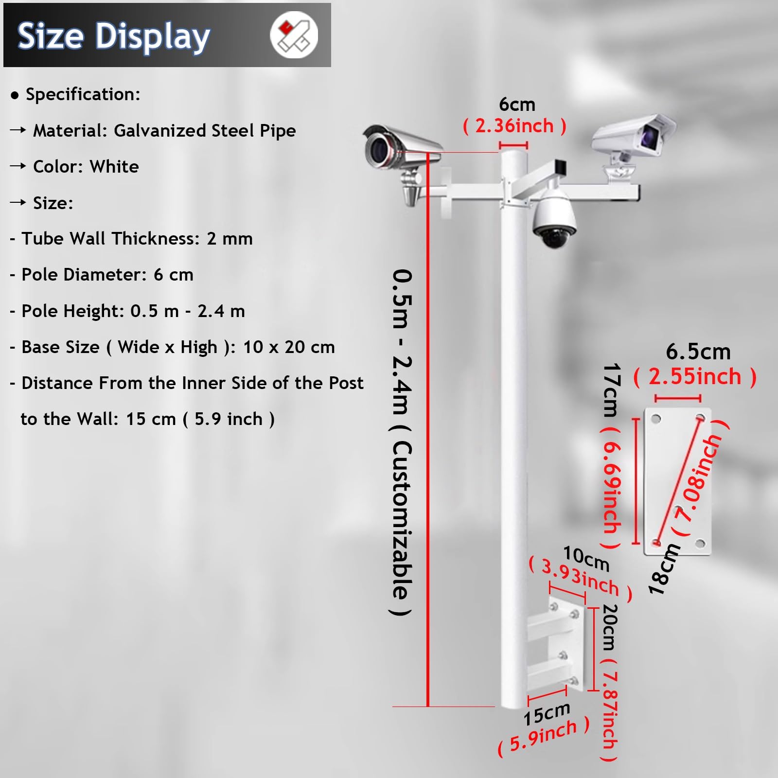 Support Caméra de Sécurite Support Mural Poteau Universel Pour Caméras De Sécurité, Support Et Pilier Pour Caméras De Surveillance, Blanc Poteau Tubulaire En Acier Galvanisé(Bracket D,1m High)