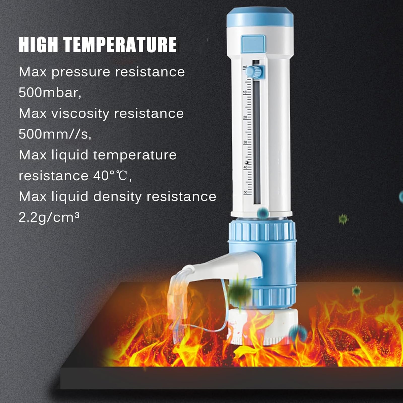 Laborflüssigkeitsdosiergerät mit Flaschenadaptern, maximale Druckfestigkeit 500 mbar, maximale Viskositätsbeständigkeit 500 mm²/s für Lösungsmittel und Flüssigkeiten