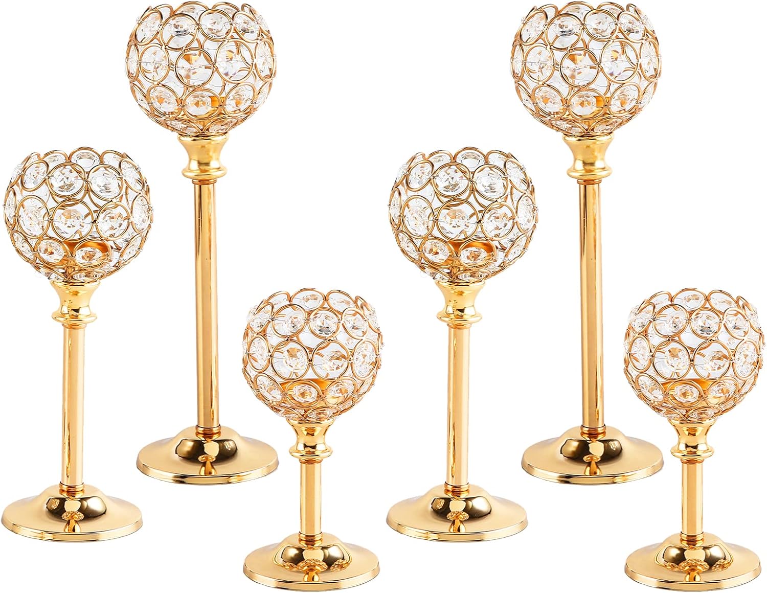 6 Pcs Crystal Candle Holder 3 Sizes Gold Candle Holders Bulk for Wedding Table Centerpiece, Tealight Table Decor, Tealight Candlestick Holder for Fireplace Candelabra, Home Living Room Decor