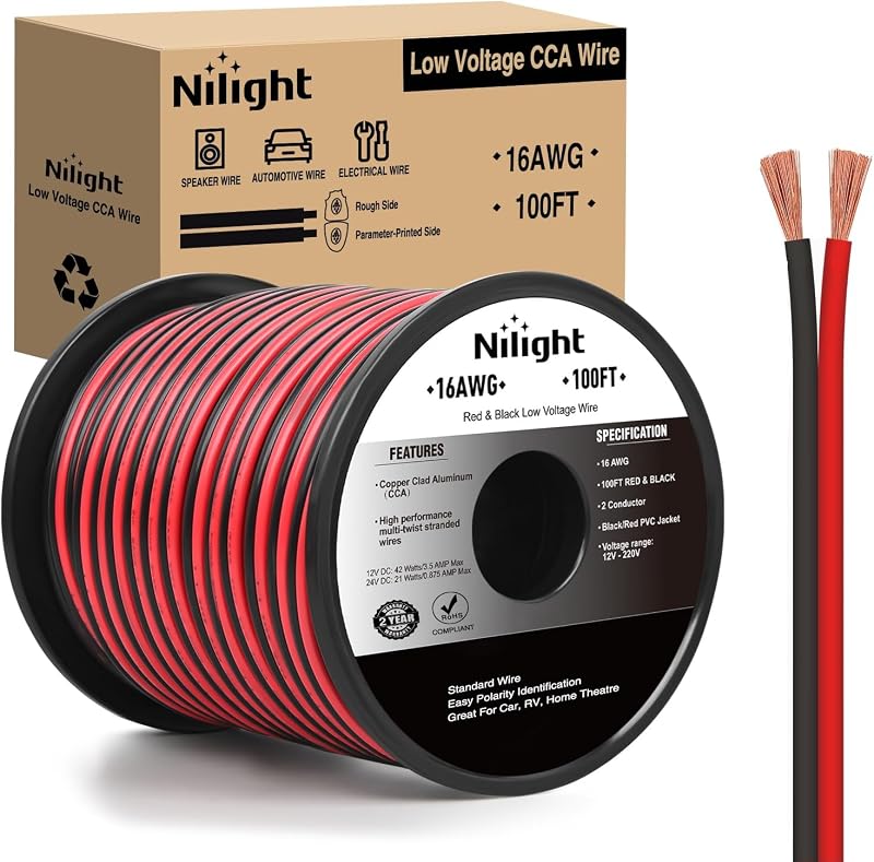 Nilight 100FT 16AWG Copper Clad Aluminum Wire 16/2 Gauge Red Black | CCA Electrical Cable 2 Conductor Parallel 12V/24V DC Flexible Extension Cords for Car Audio Radio Speaker Amplifier
