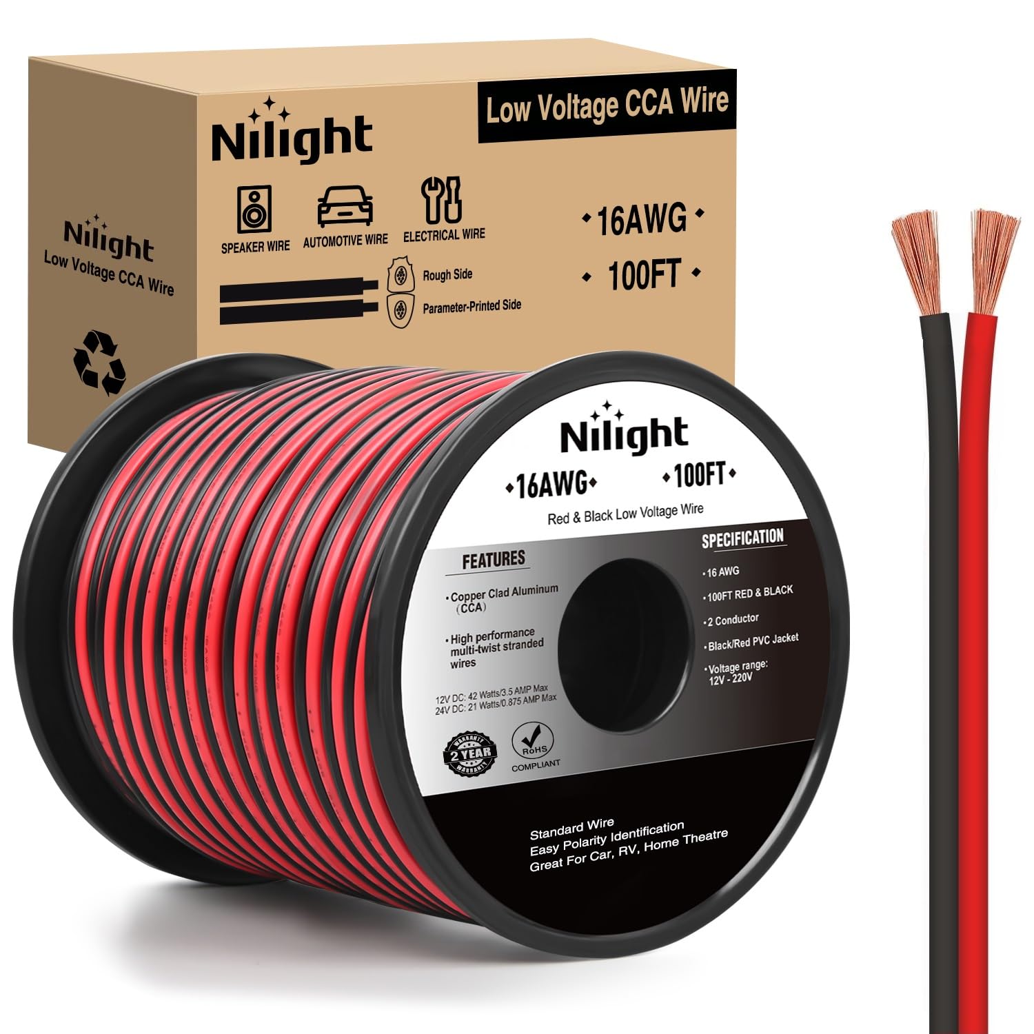 Amazon.com: Nilight 100FT 16AWG Copper Clad Aluminum Wire 16/2