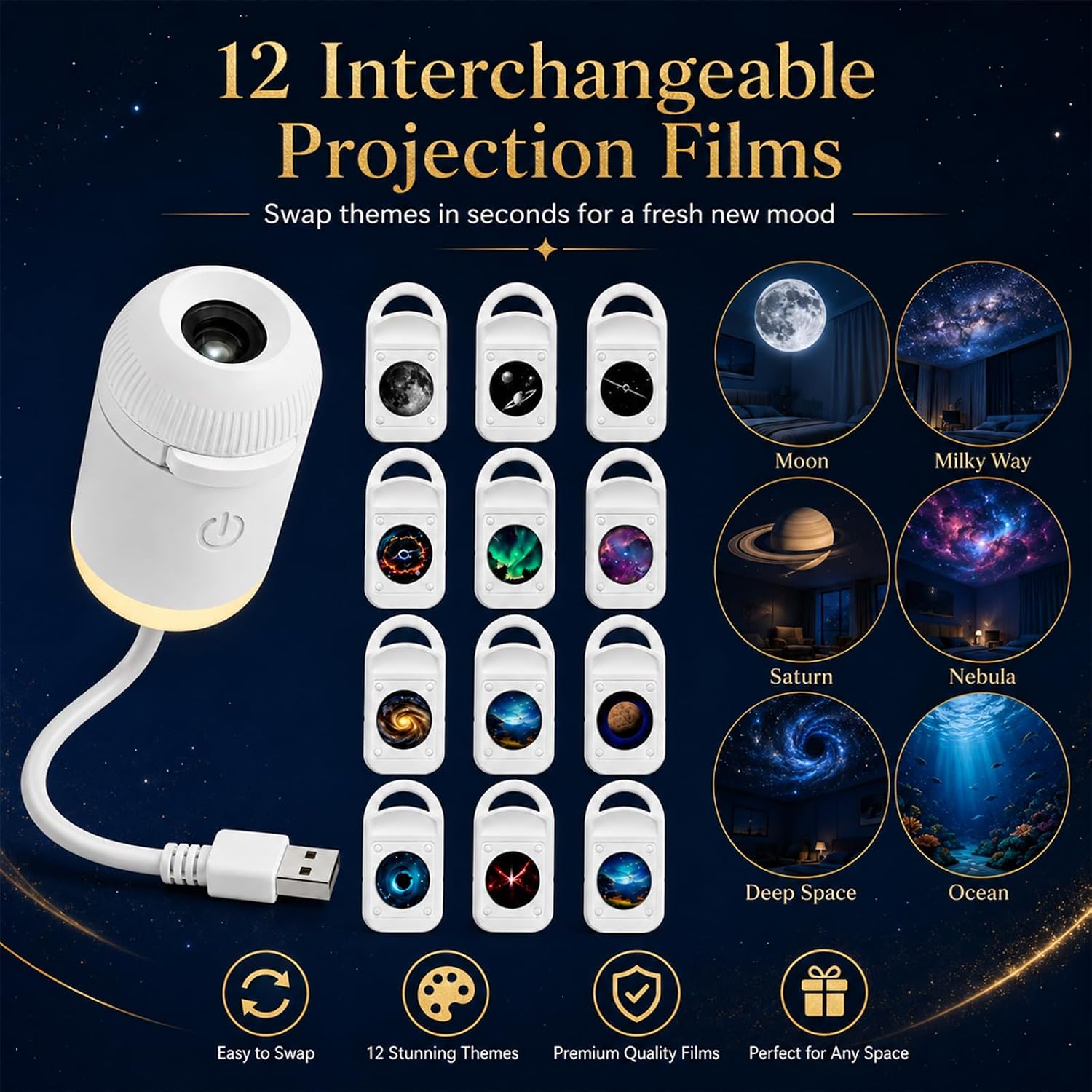 2-in-1 HD Galaxy Starry Sky Night Light Projector, Galaxy Star Projector with 12 Projector Films, 360° Rotating Design, USB Power for Car and Bedroom, Decoration for Adults and Kids (-12 Films)