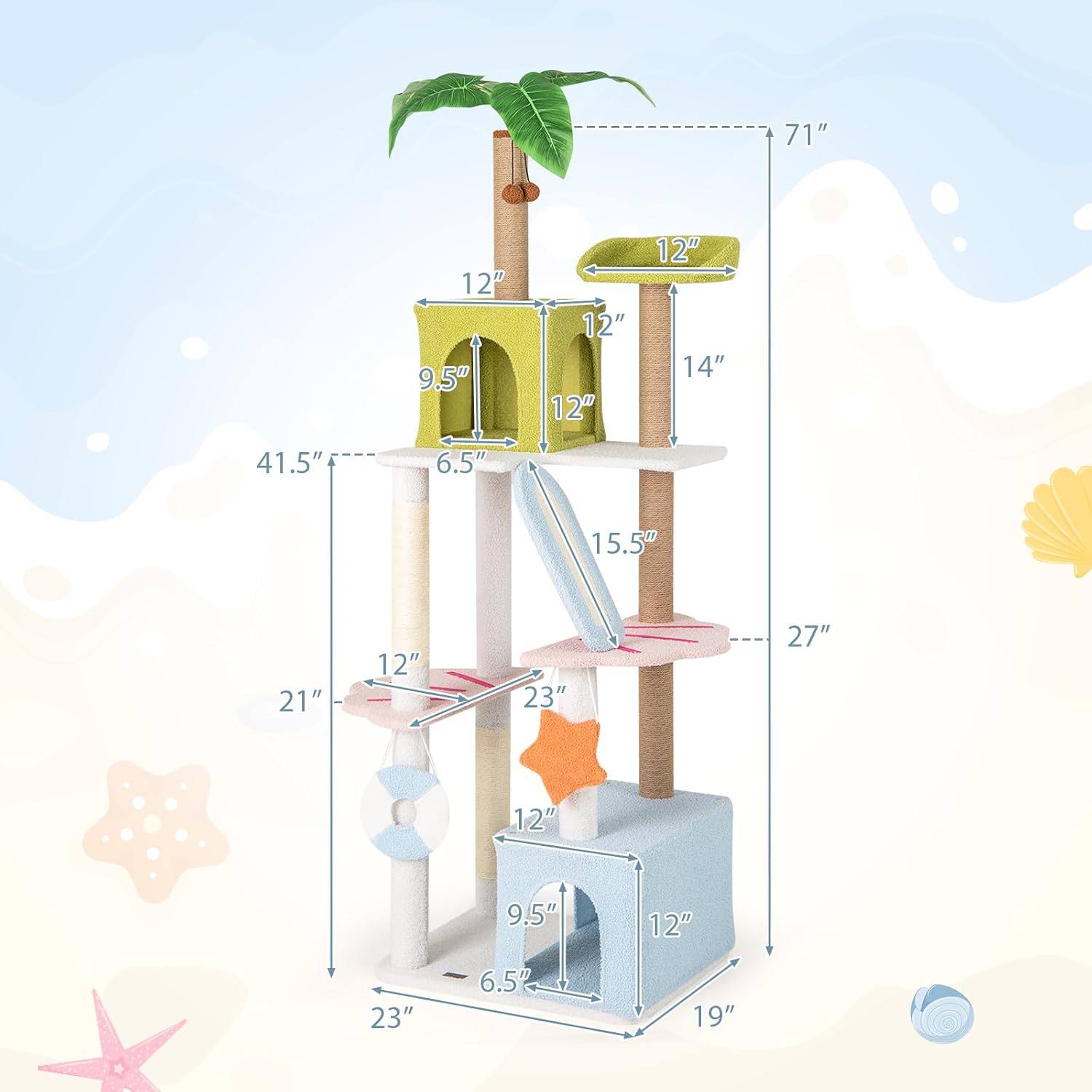 PETSITE 71 Inch Beach-Themed Tall Cat Tree, Multi-Level Cat Tower with Scratching Posts, Dual Condos, Ramp, Faux Plant Leaves, and Cute Interactive Hanging Toys, Cute Cat Tree Tower for Indoor Cats