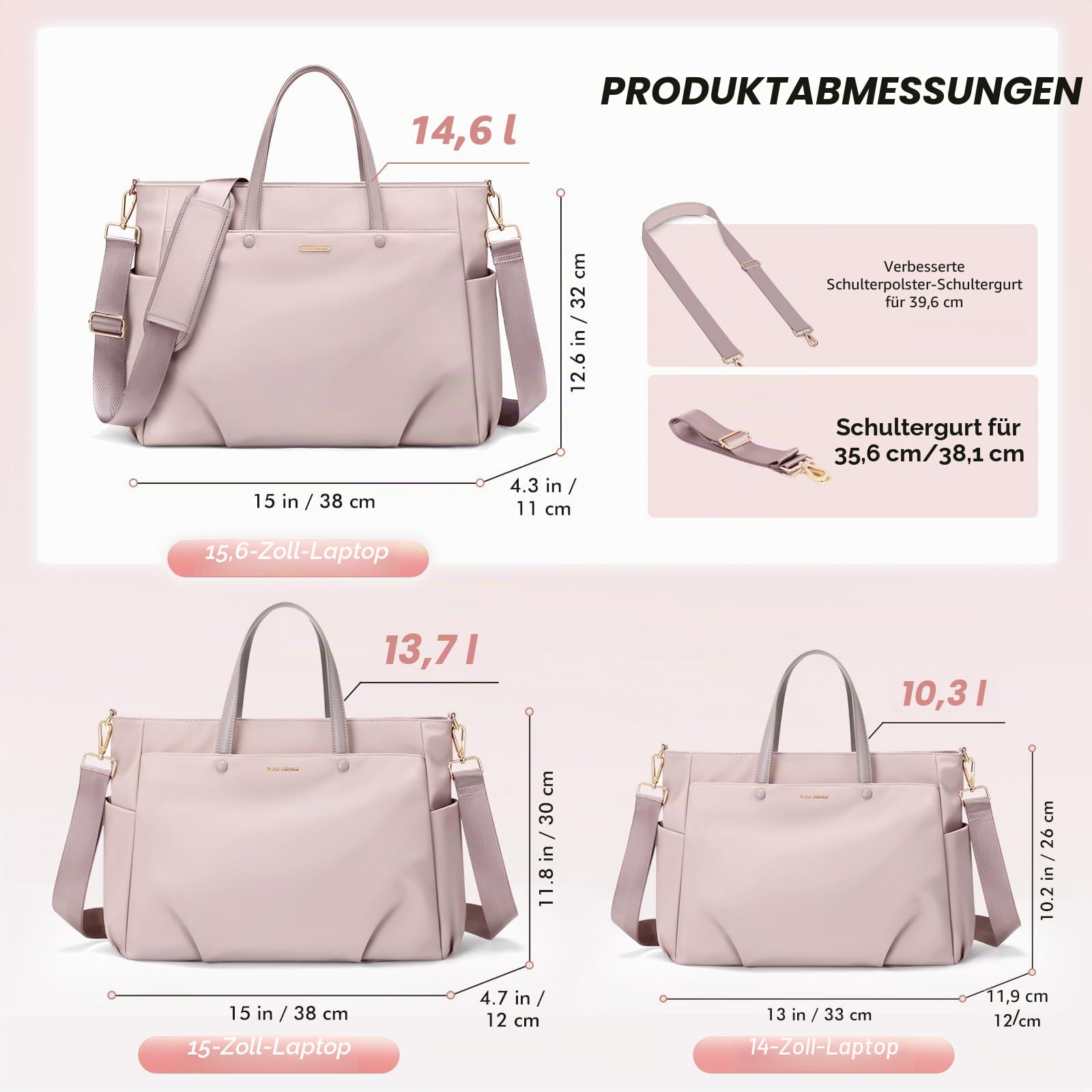 GOLF SUPAGS 14 Zoll Laptop Umhängetasche für Damen, Arbeit und Reisen (Rosa Grau)