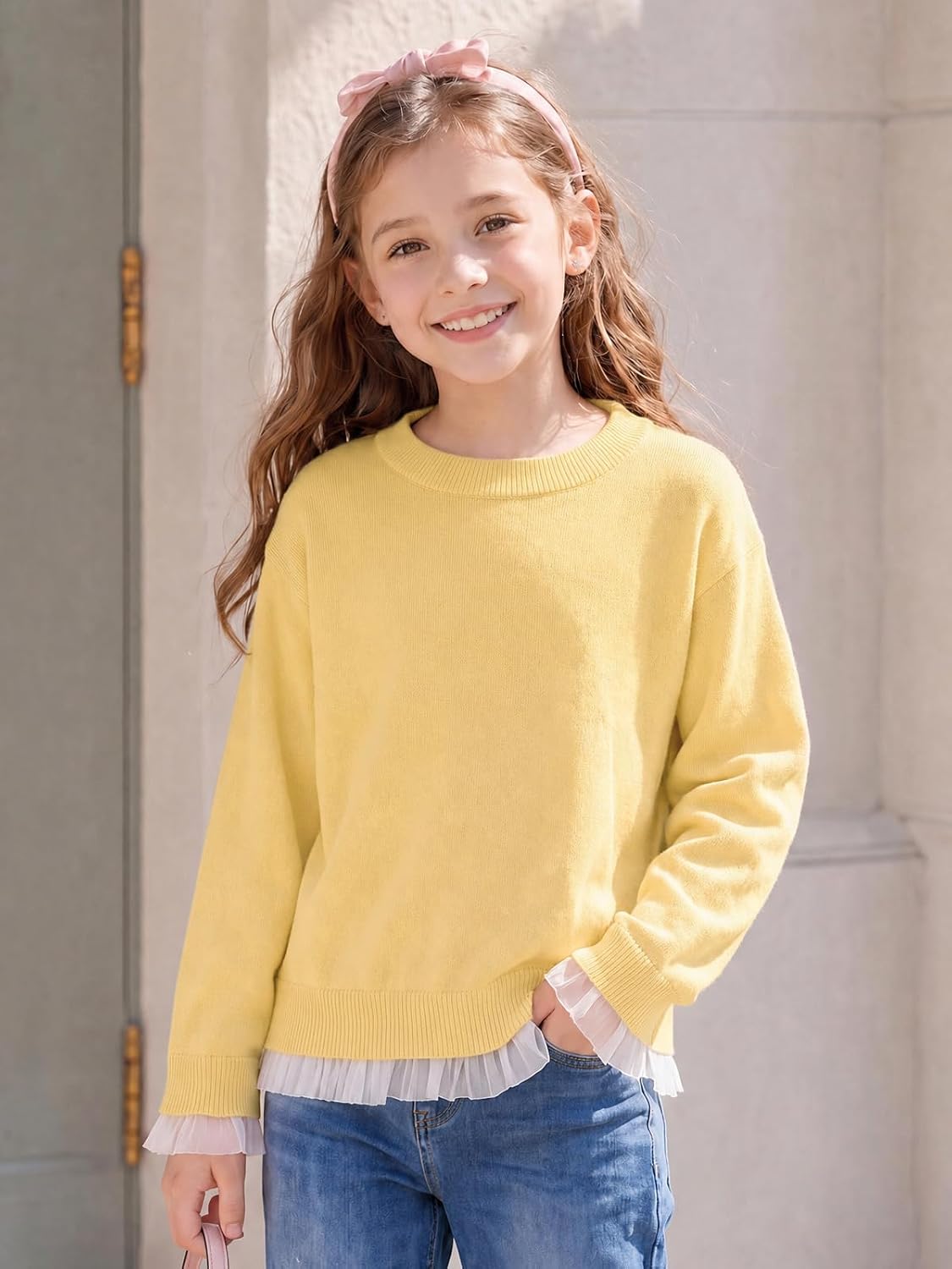 Haloumoning Girls Crewneck Sweaters Ruffle Trim Long Sleeve Knit Pullover