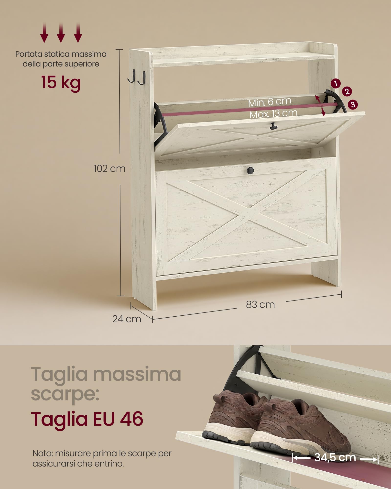 VASAGLE Scarpiera, Mobile Porta Scarpe Salvaspazio con 2 Cassetti a Ribalta e Ganci, 83 x 24 x 102,2 cm, per Ingresso, Stile Rustico, Bianco Nuvola, Collezione HAINS HSC203WJ01